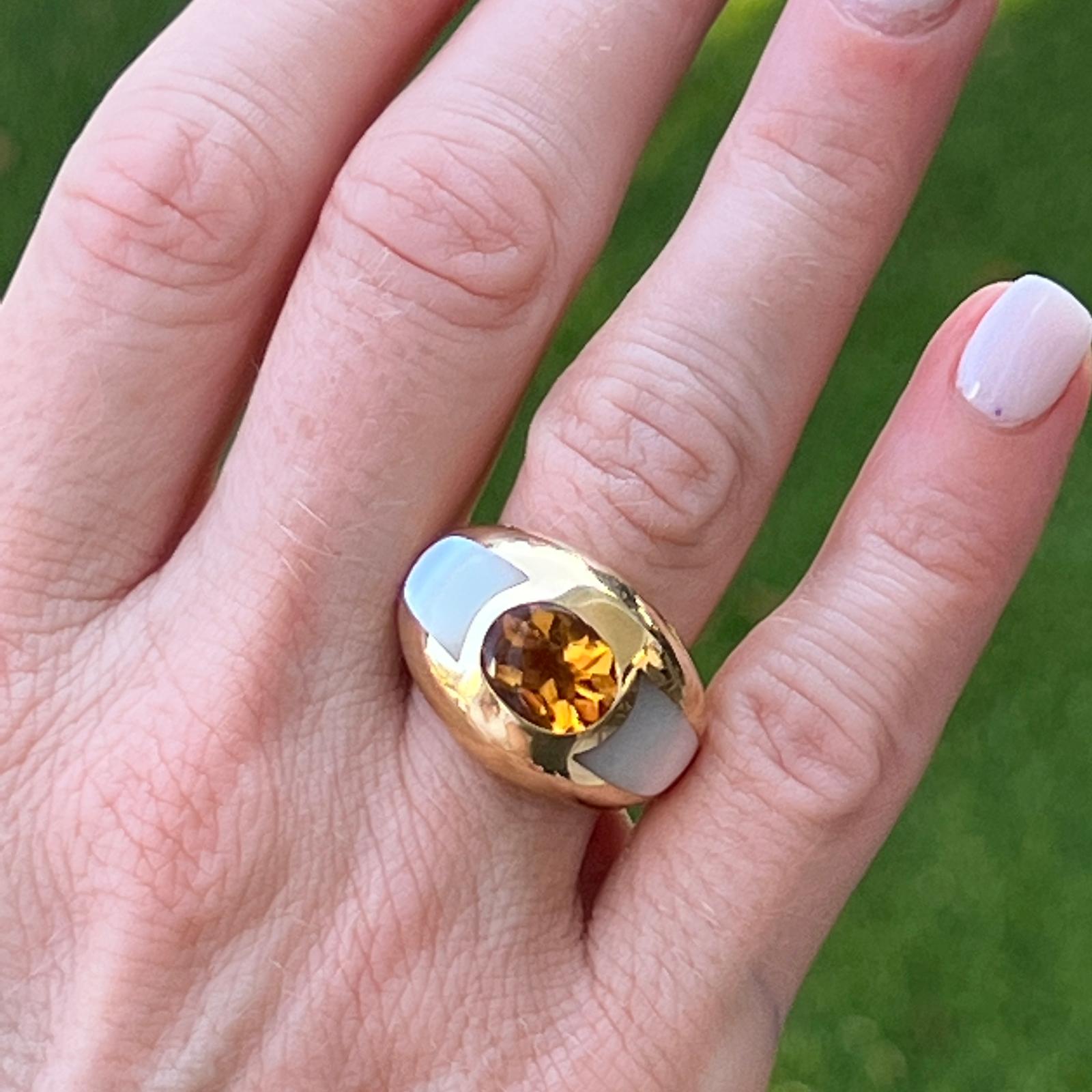 Modern Mauboussin Citrine Mother of Pearl 18 Karat Yellow Gold Dome Cocktail Ring For Sale