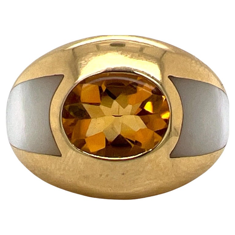 Mauboussin Citrine Mother of Pearl 18 Karat Yellow Gold Dome Cocktail Ring For Sale