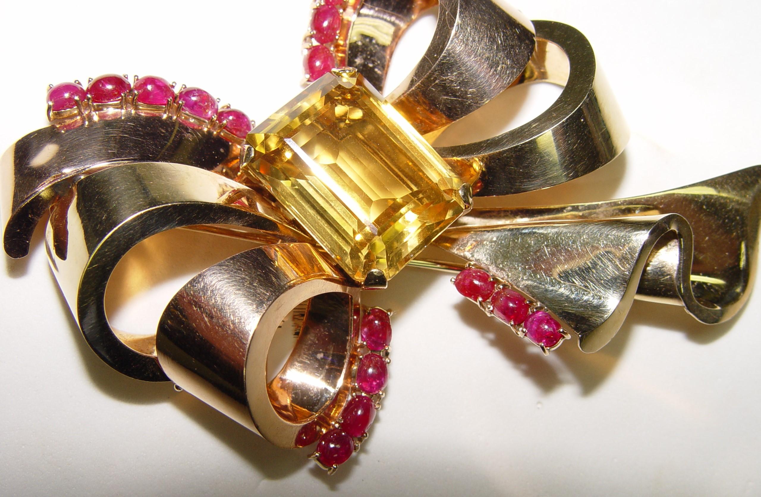 MAUBOUSSIN Citrine & Ruby Bow Pin/Brooch 14K gold 95x63MM For Sale 8