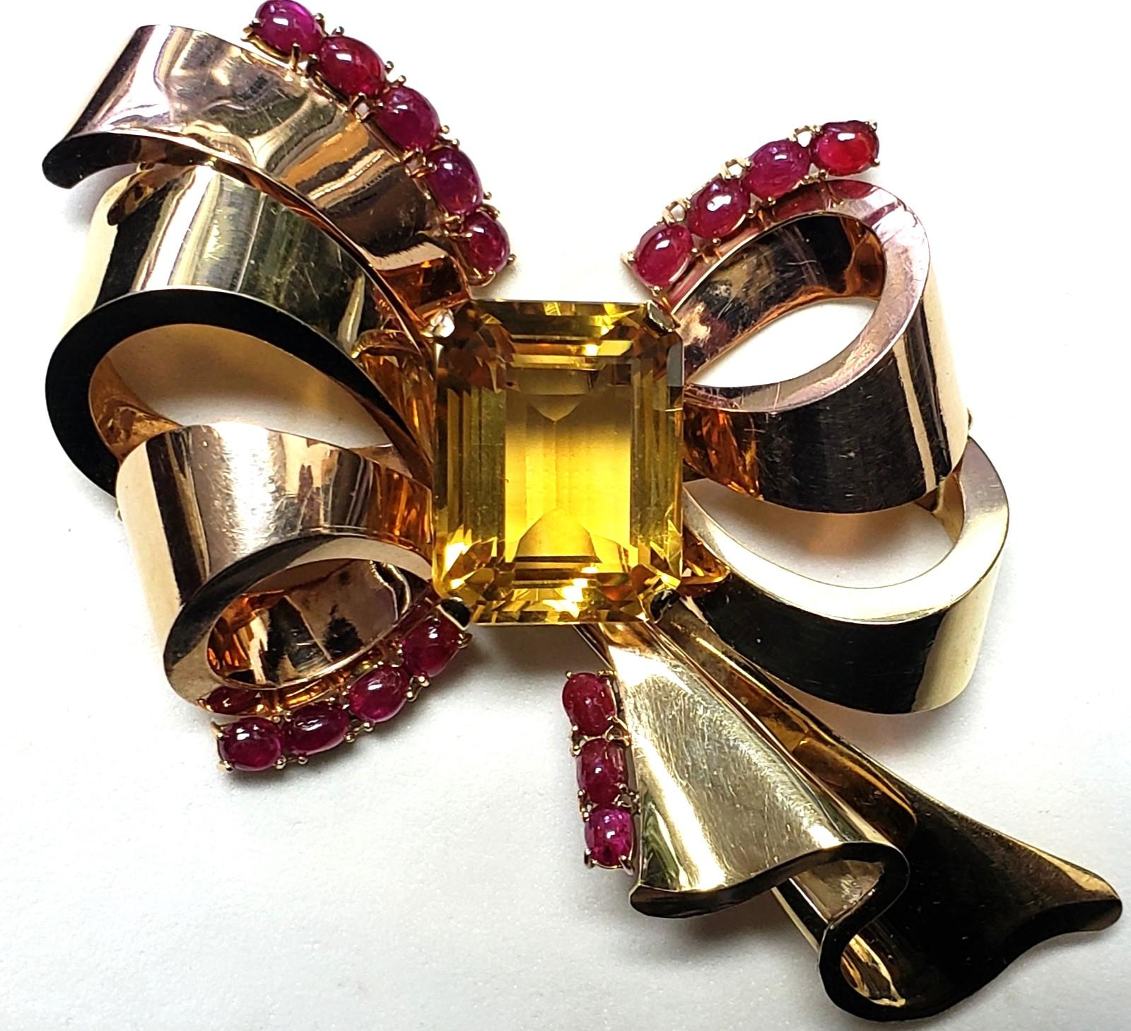 Mixed Cut MAUBOUSSIN Citrine & Ruby Bow Pin/Brooch 14K gold 95x63MM For Sale