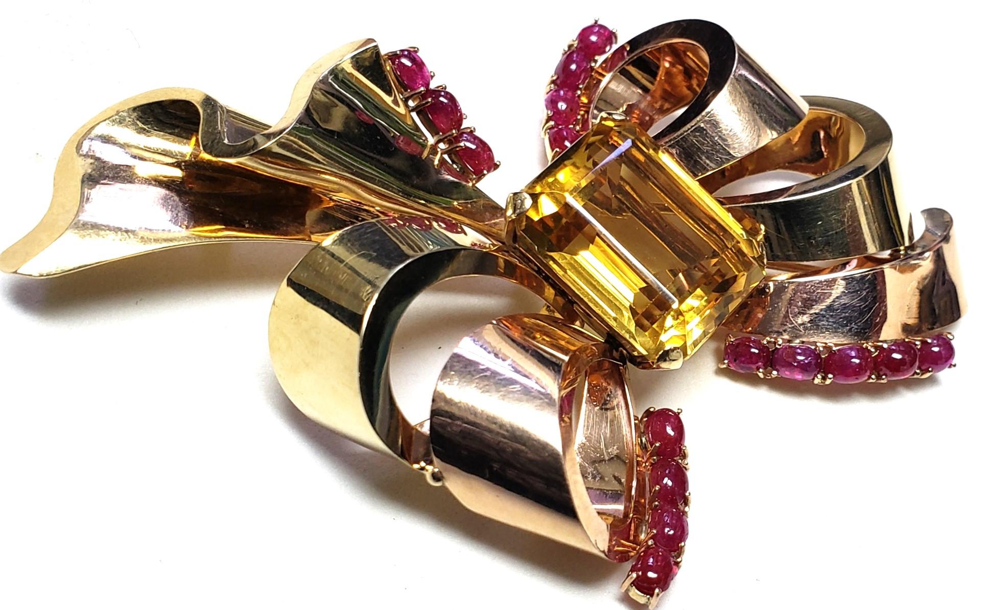 MAUBOUSSIN Citrine & Ruby Bow Pin/Brooch 14K gold 95x63MM In Good Condition For Sale In Chicago, IL