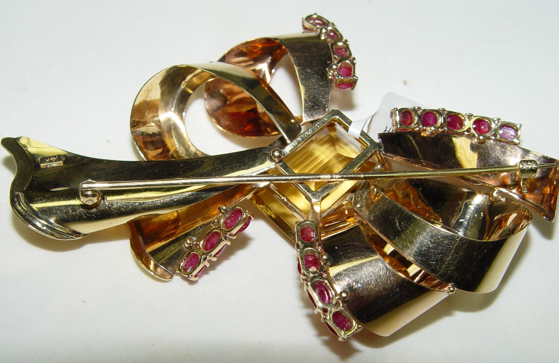 MAUBOUSSIN Citrine & Ruby Bow Pin/Brooch 14K gold 95x63MM For Sale 1