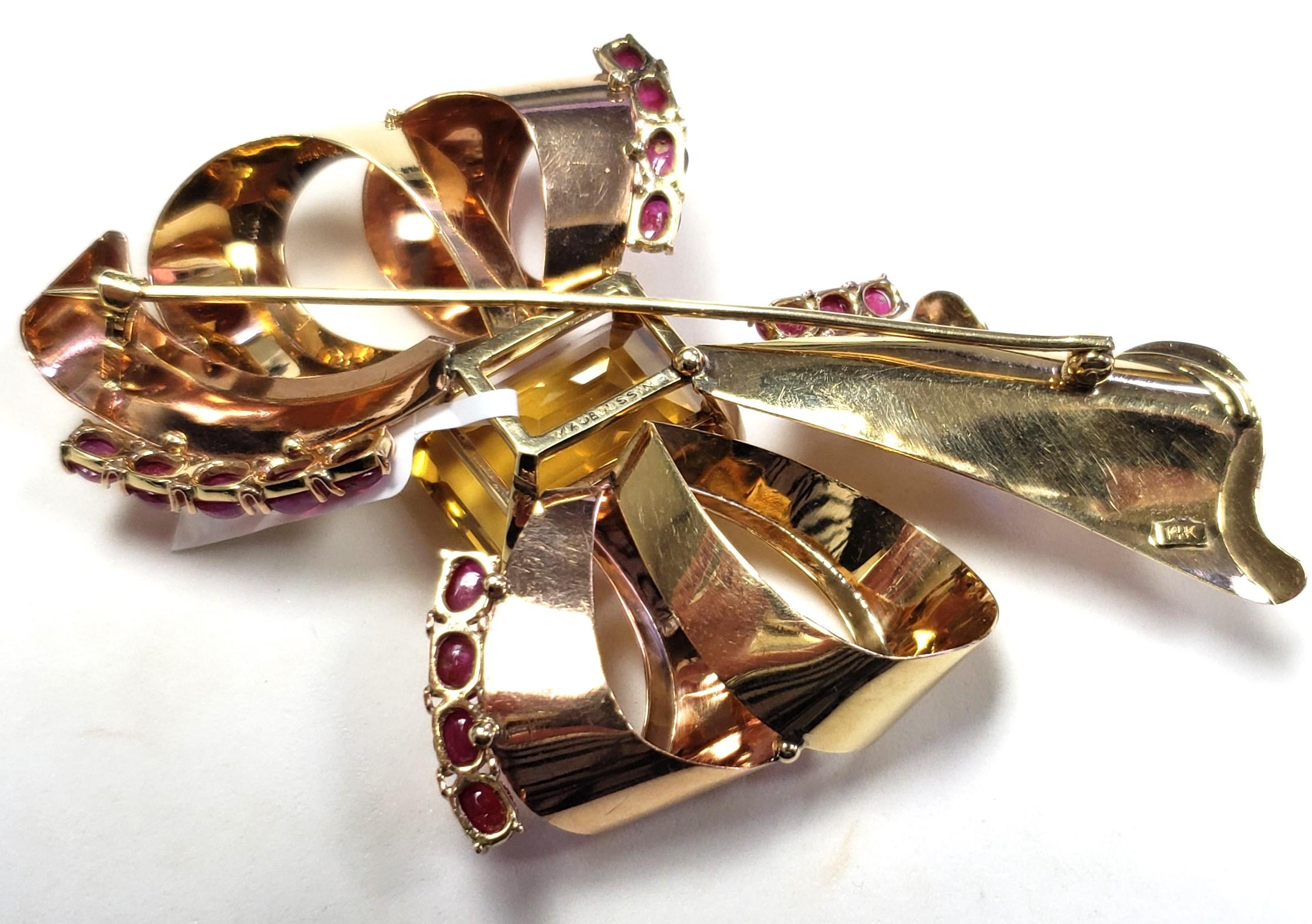 MAUBOUSSIN Citrine & Ruby Bow Pin/Brooch 14K gold 95x63MM For Sale 2