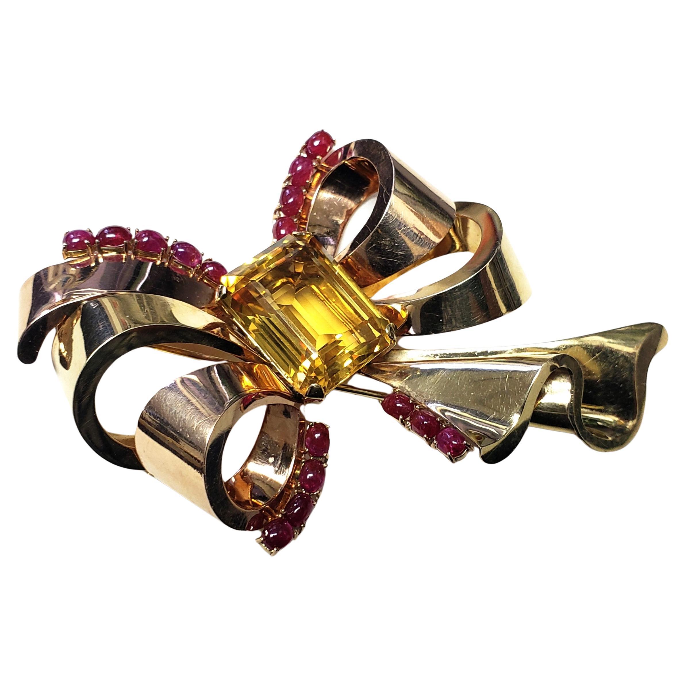 MAUBOUSSIN Citrine & Ruby Bow Pin/Brooch 14K gold 95x63MM For Sale