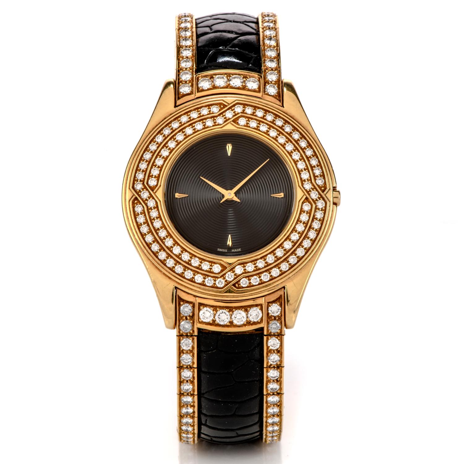 Acquire this eye-catching and decadent  Limited edition Mauboussin Diamond 18K Gold Black Leather Watch!  
This glamourous watch pave set with genuine bright diamonds of approximately 7.30 total carats, E-F color and VVS clarity.  The sparkling