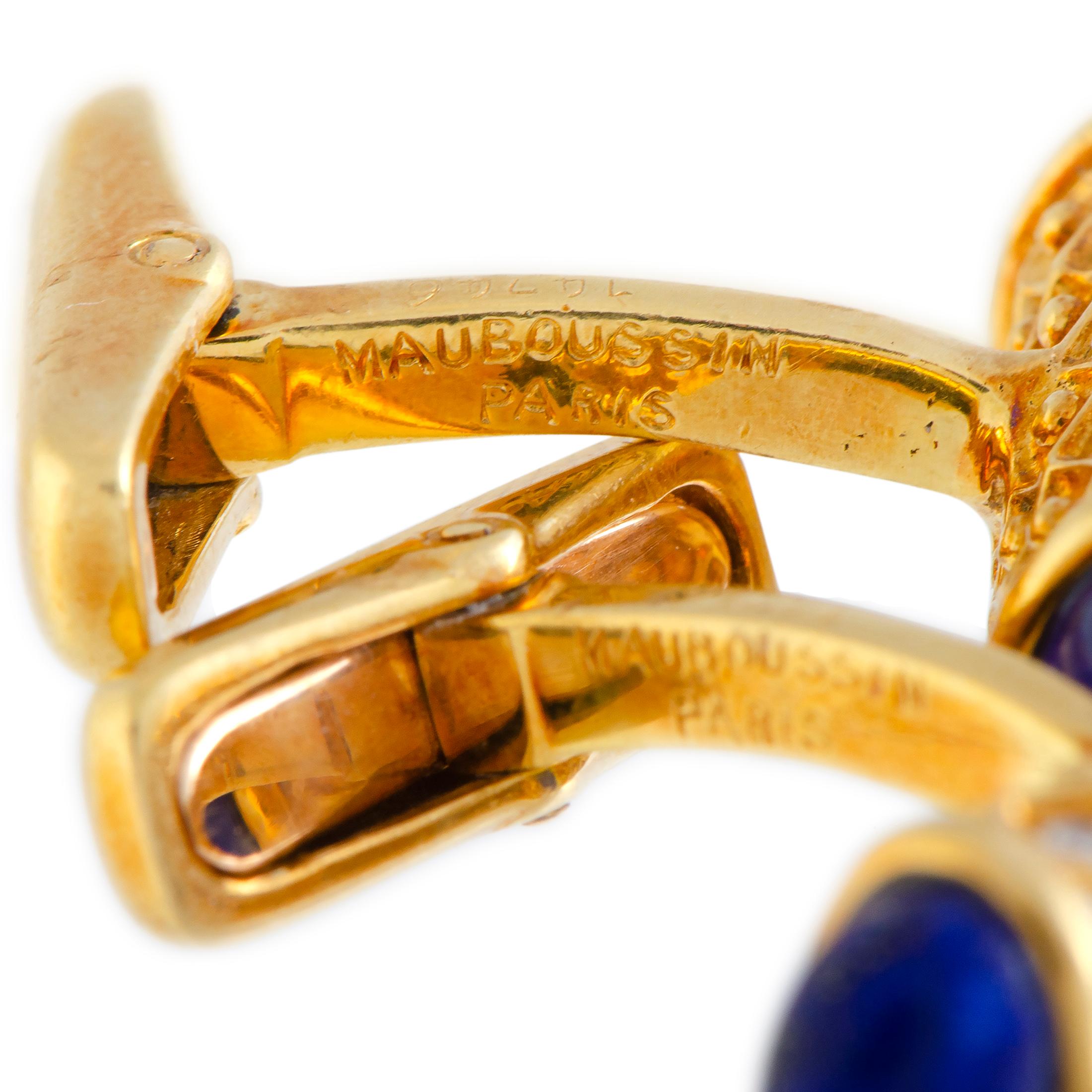 Mauboussin Diamond and Lapis Yellow Gold Cylinder Cufflinks In Excellent Condition In Southampton, PA