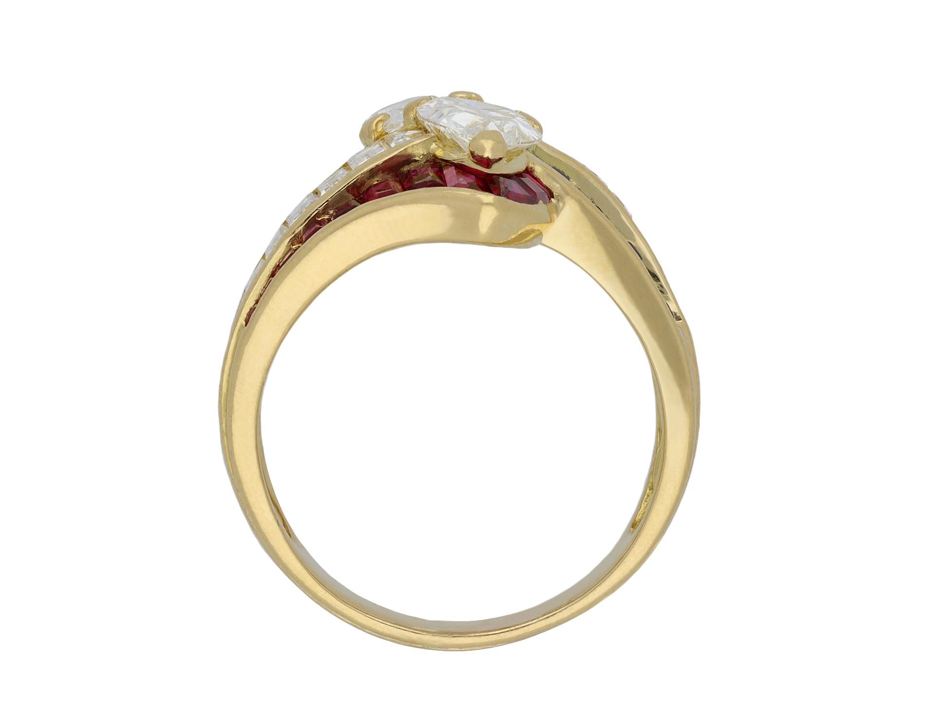 Brilliant Cut Mauboussin Diamond, Ruby and Sapphire Crossover Ring, French, circa 1980