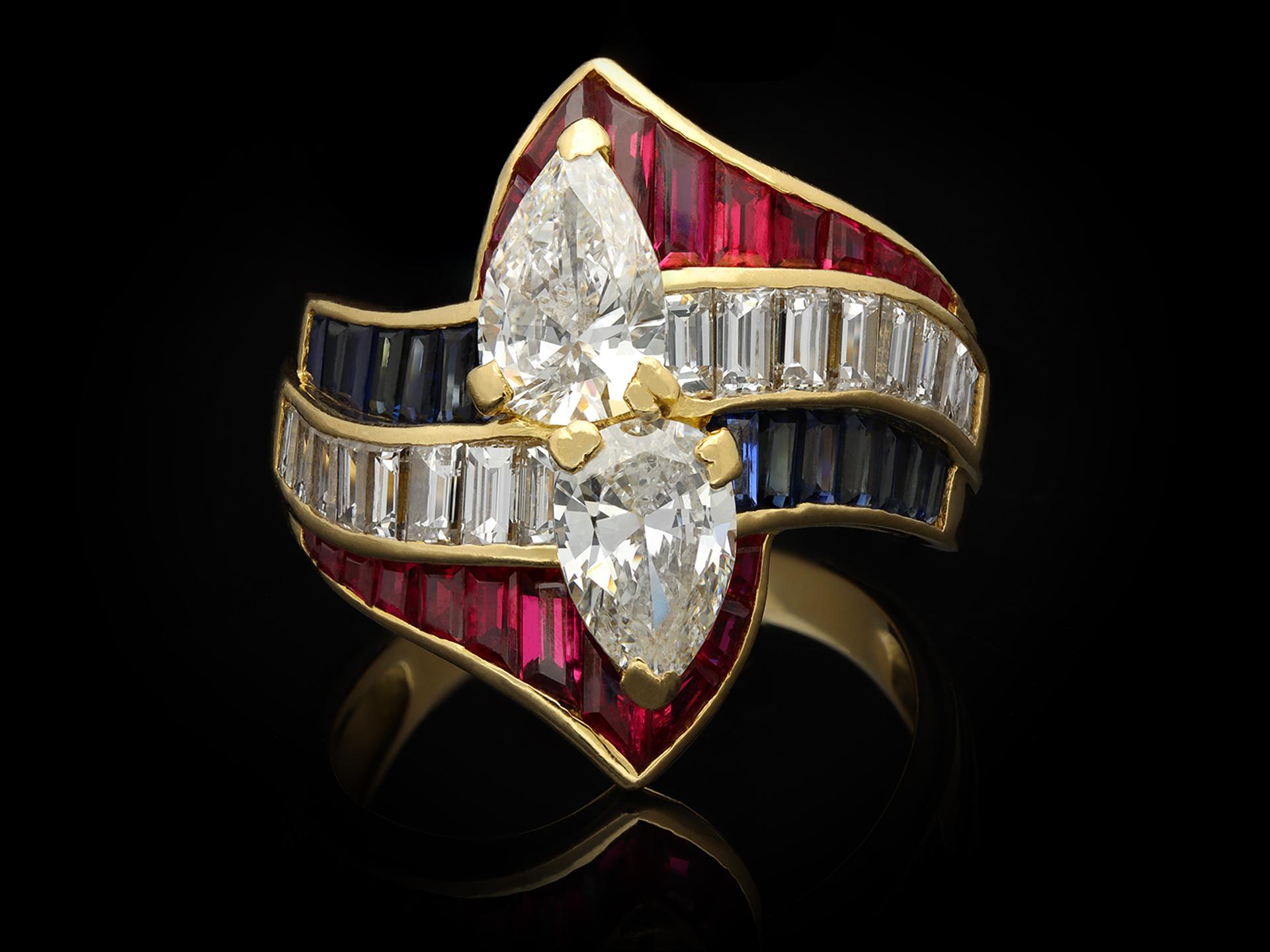 Mauboussin Diamond, Ruby and Sapphire Crossover Ring, French, circa 1980 2