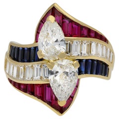 Mauboussin Diamond, Ruby and Sapphire Crossover Ring, French, circa 1980