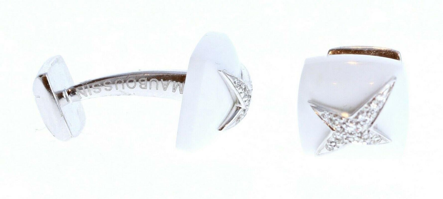 Round Cut Mauboussin Diamond White Onyx 18K White Gold Etoile Divine Cufflinks 11.5g For Sale