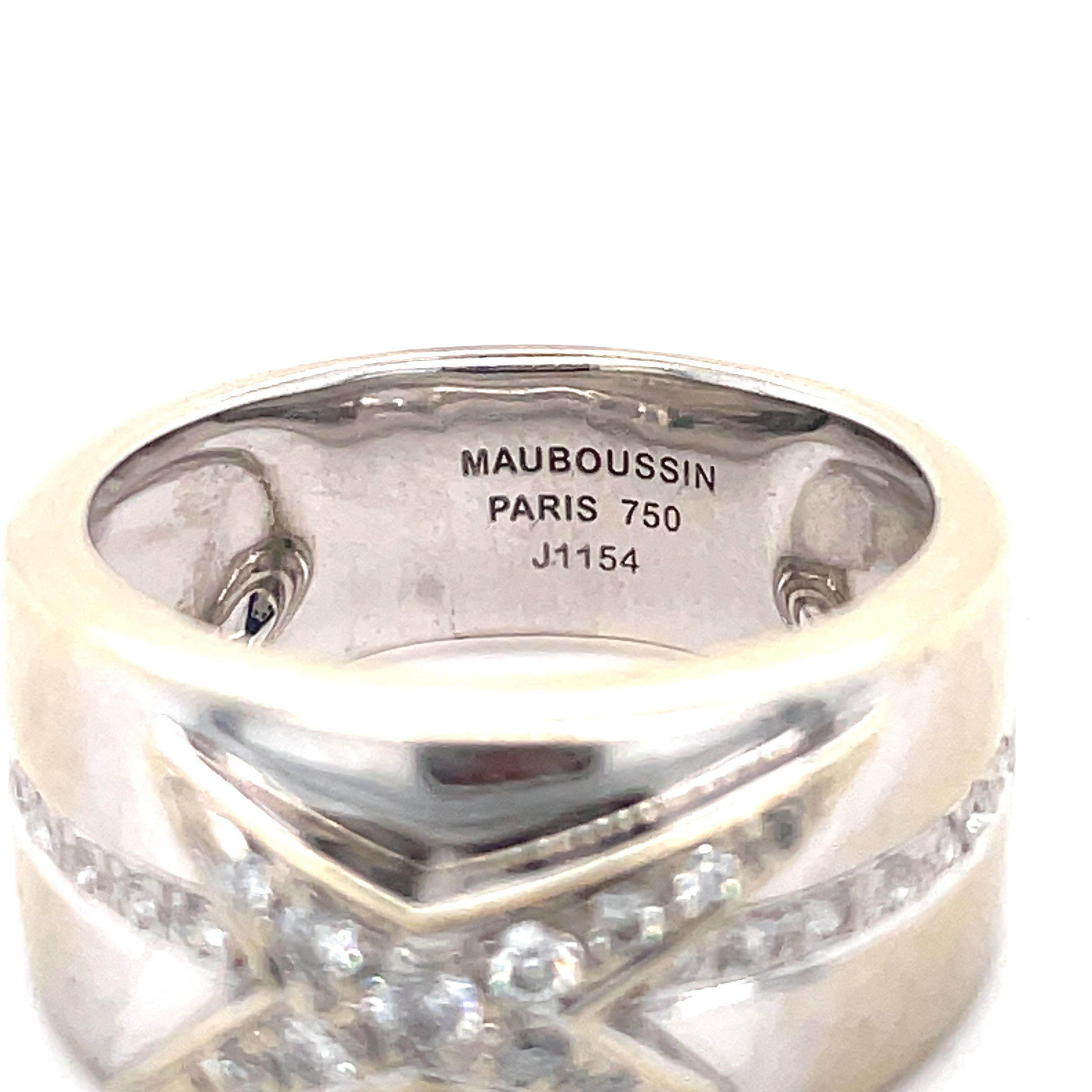Jewelry Material: White Gold 18k (the gold has been tested by a professional)

Total Carat Weight: 0.25ct (Approx.)

Total Metal Weight: 9.1g

Size: 6.5 US

Brand: Mauboussin

Grading Results:

Stone Type: Diamond

Shape: Round

Carat: 0.25ct