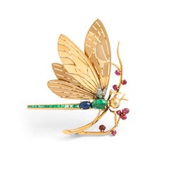 Mauboussin: 18 Karat Gelbgold Brosche mit Libellen, Diamant, Smaragd, Rubin, Saphir, 1940er Jahre