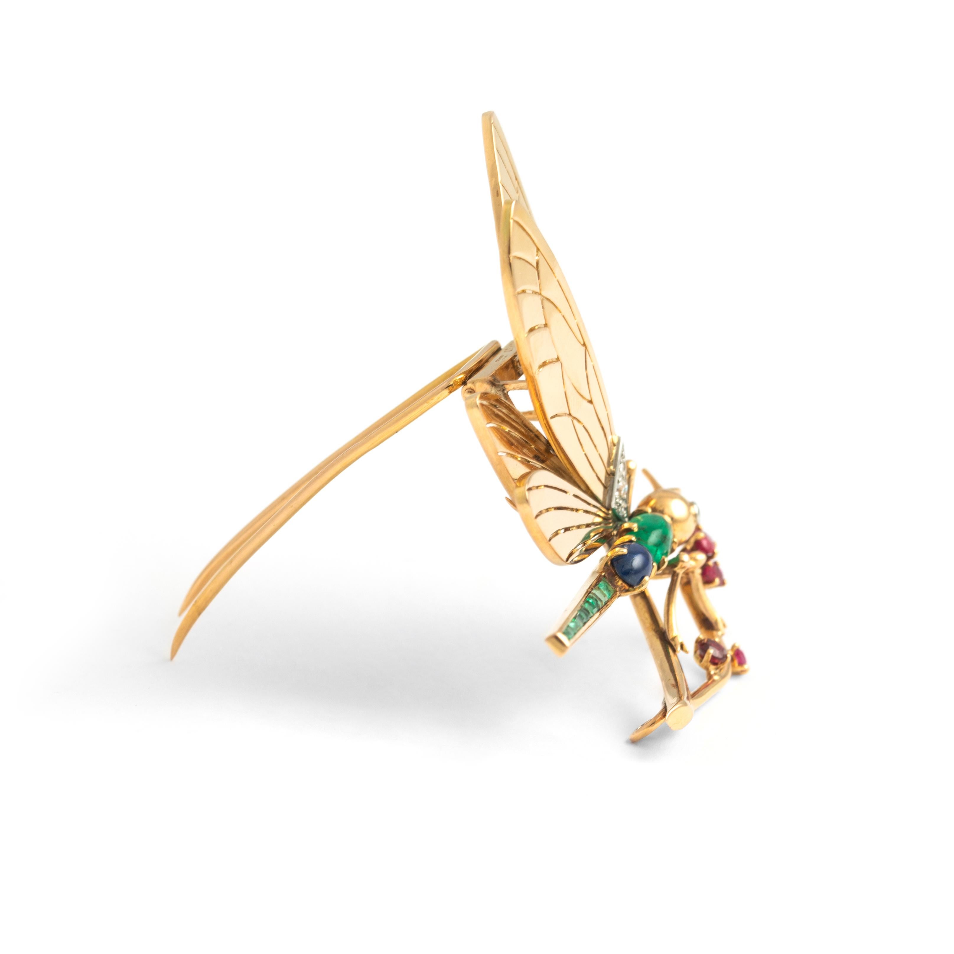 Cabochon Mauboussin Dragonfly Diamond Emerald Ruby Sapphire Yellow Gold 18K Brooch 1940S For Sale
