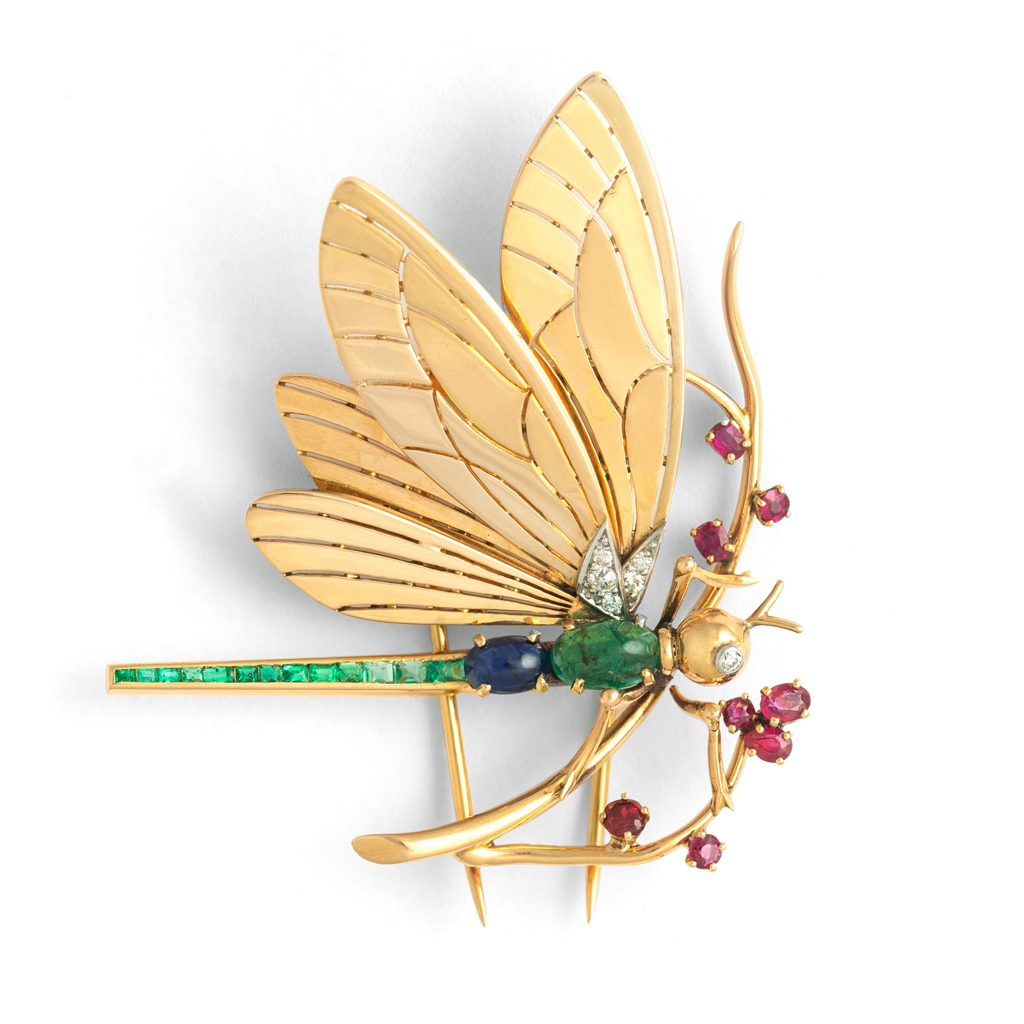 Mauboussin Dragonfly Diamond Emerald Ruby Sapphire Yellow Gold 18K Brooch 1940S For Sale 1