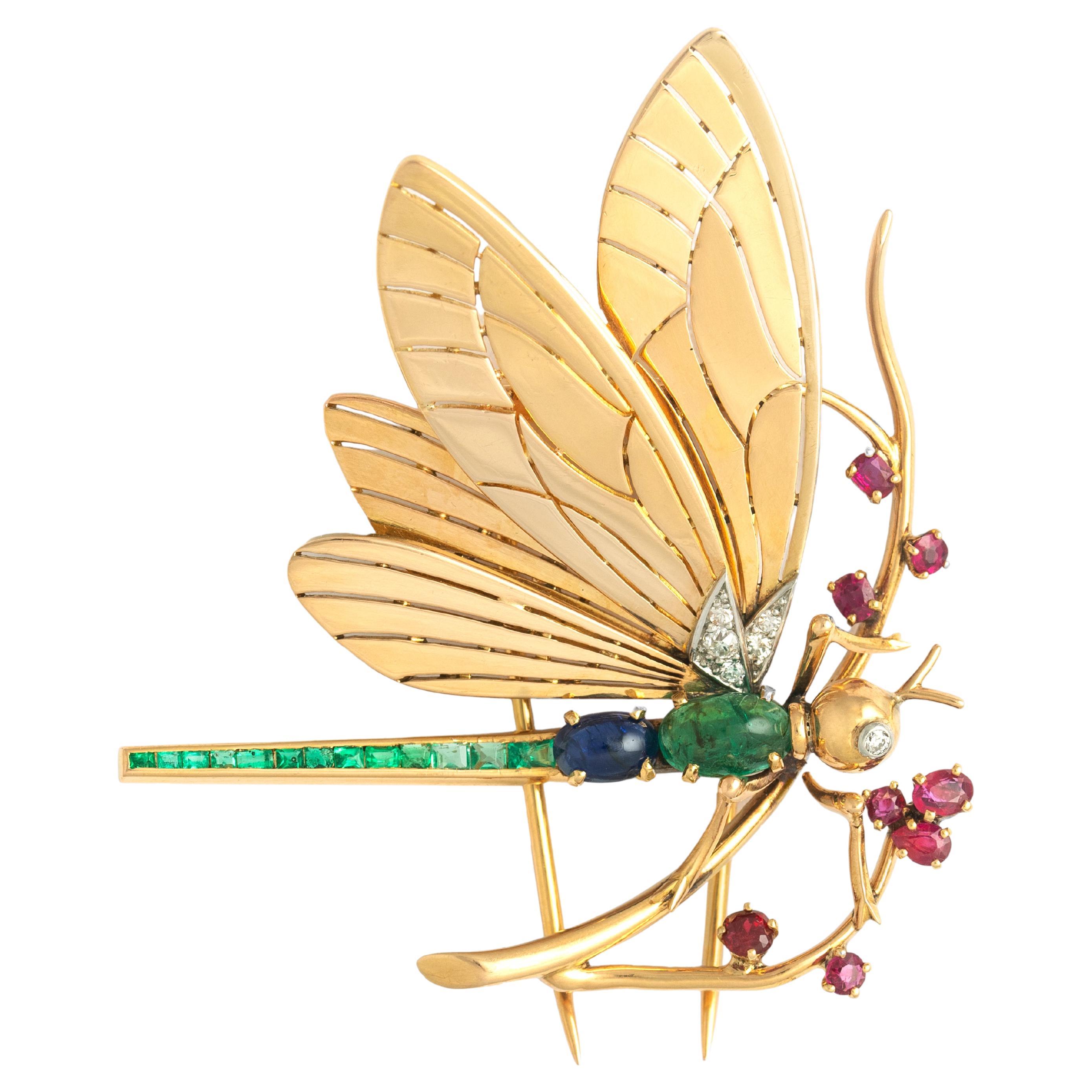 Mauboussin Dragonfly Diamond Emerald Ruby Sapphire Yellow Gold 18K Brooch 1940S For Sale
