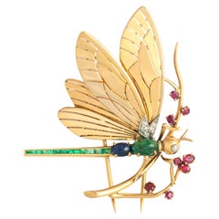 Mauboussin Dragonfly Diamond Emerald Ruby Sapphire Yellow Gold 18K Brooch 1940S
