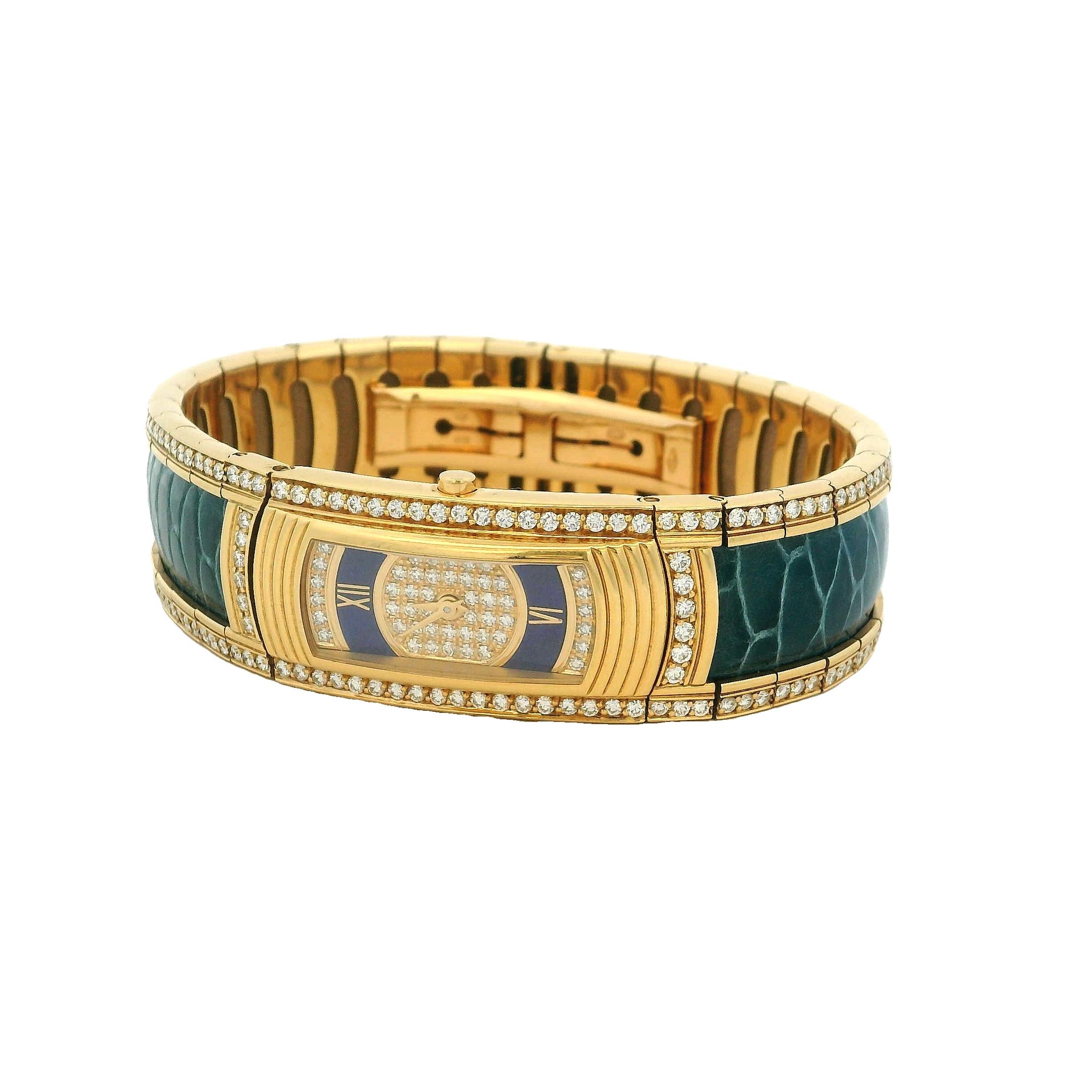 A rare and opulent creation from 1985, this Mauboussin First Lady Maxi Watch embodies the elegance and bold spirit of French haute joaillerie. Crafted in 18 karat yellow gold and weighing 118 grams, the bracelet-style timepiece is set with