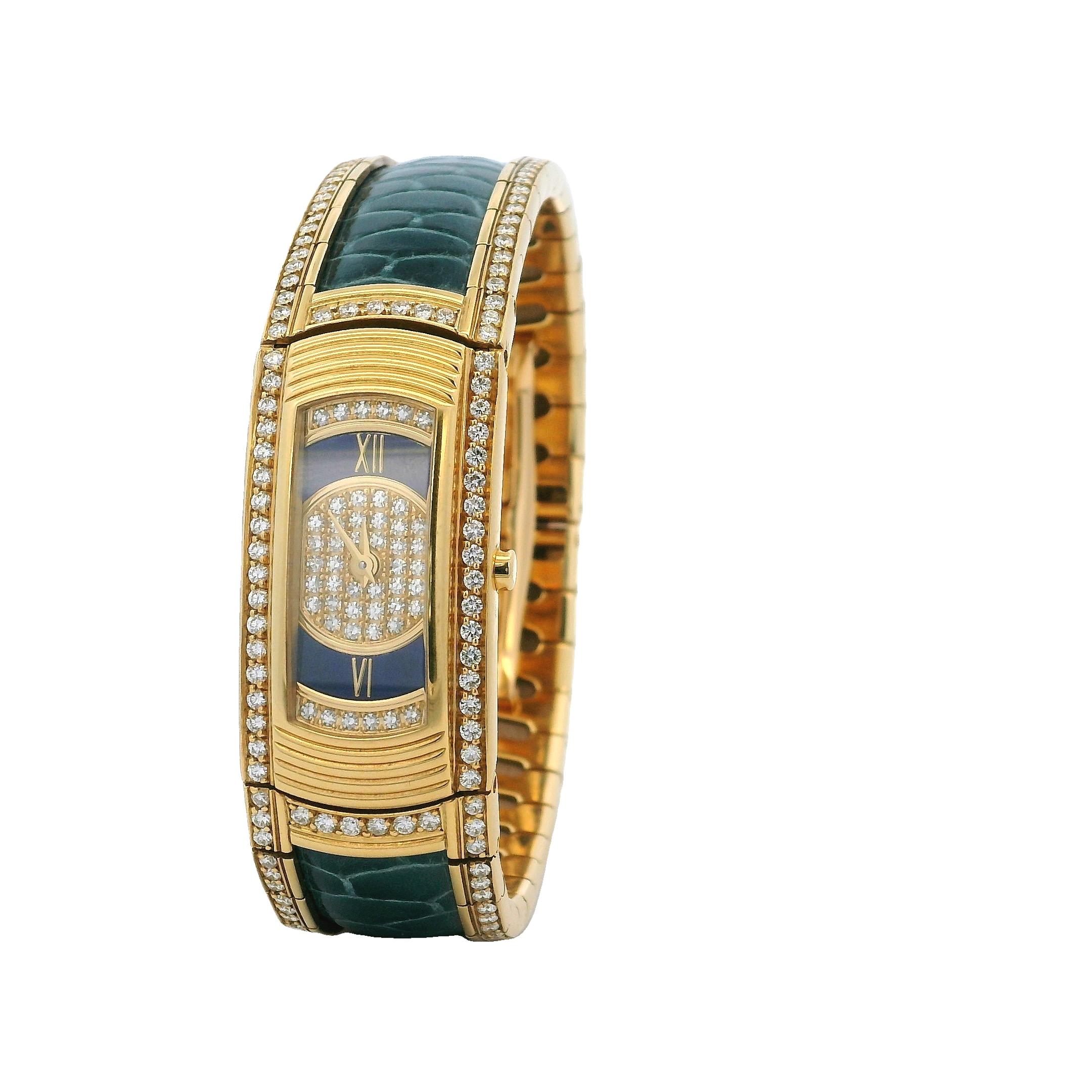 Retro Mauboussin First Lady Maxi Watch 18K Gold Diamond Crocodile, 1985 For Sale