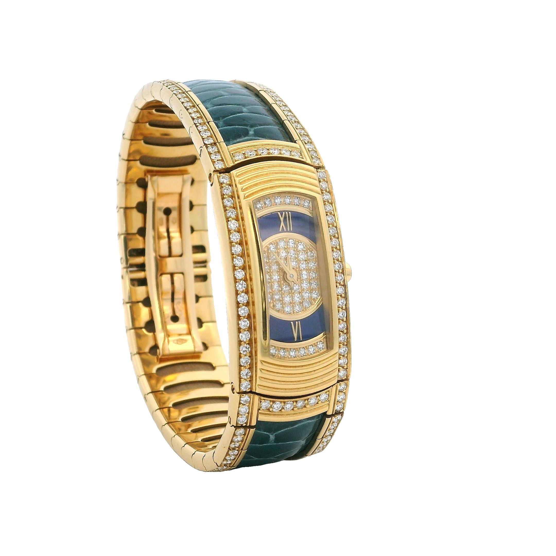 Round Cut Mauboussin First Lady Maxi Watch 18K Gold Diamond Crocodile, 1985 For Sale
