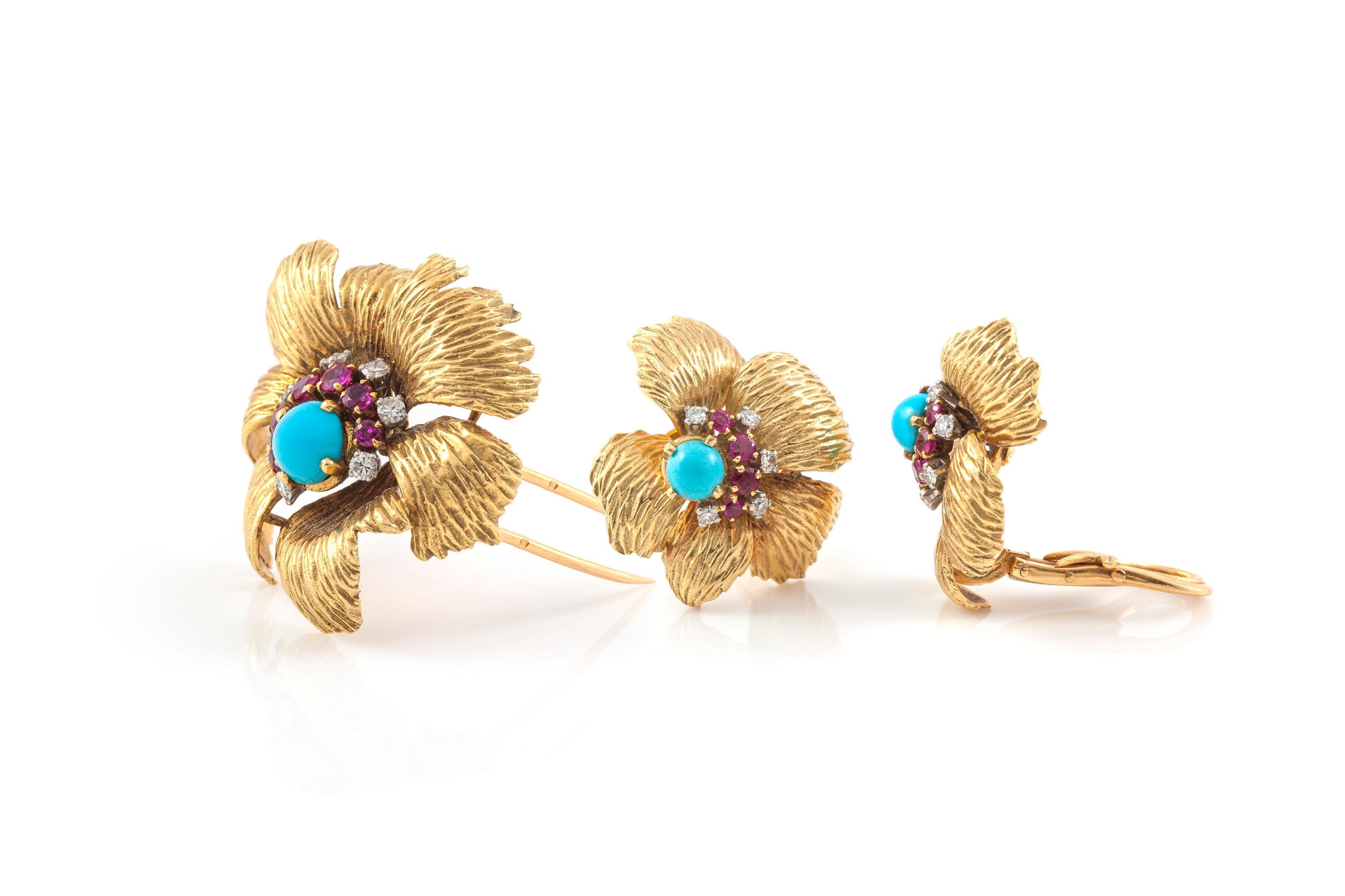 Round Cut Mauboussin Flower Earrings and Brooch Set