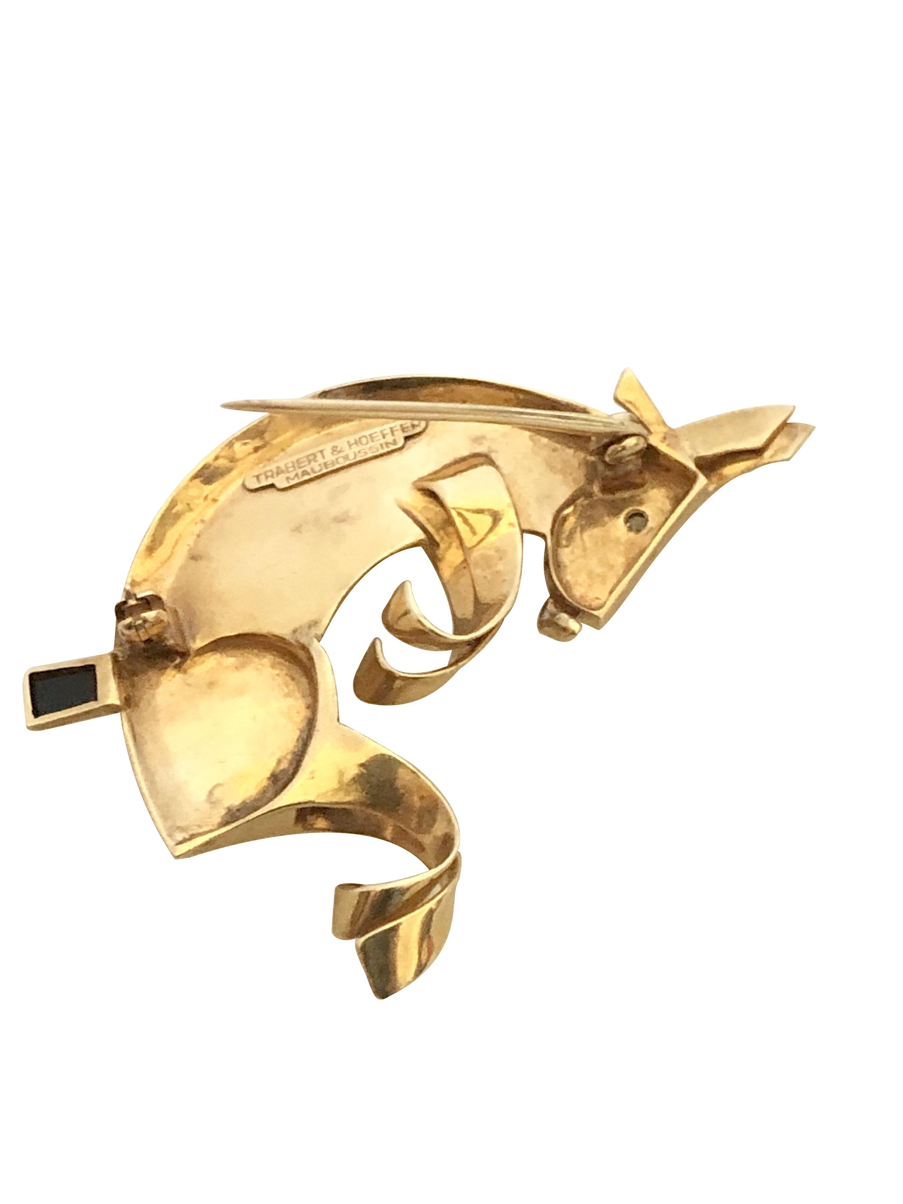 Round Cut Mauboussin for Trabert & Hoeffer 1940s Retro Gold and Gem Donkey Brooch