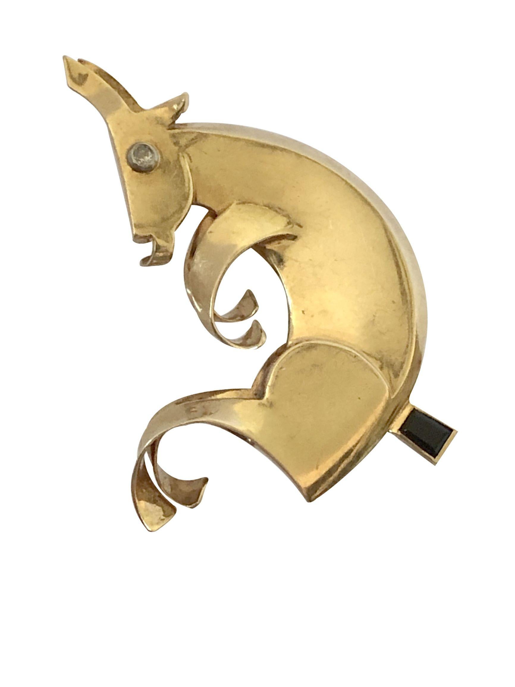 Mauboussin for Trabert & Hoeffer 1940s Retro Gold and Gem Donkey Brooch In Excellent Condition In Chicago, IL