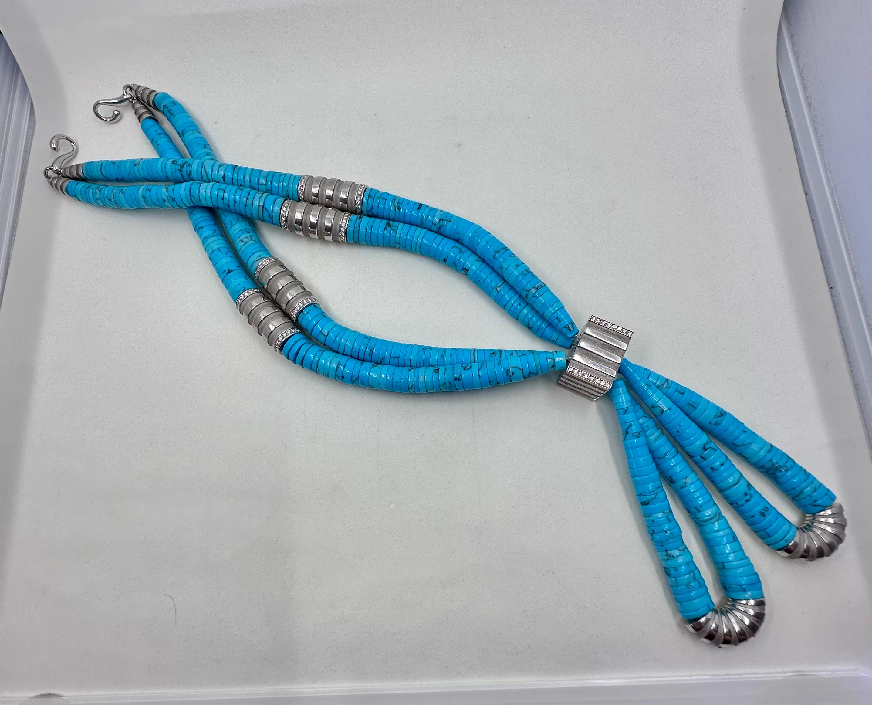 Brilliant Cut Mauboussin France Natural Turquoise and Diamond 18K Gold Long Necklace For Sale