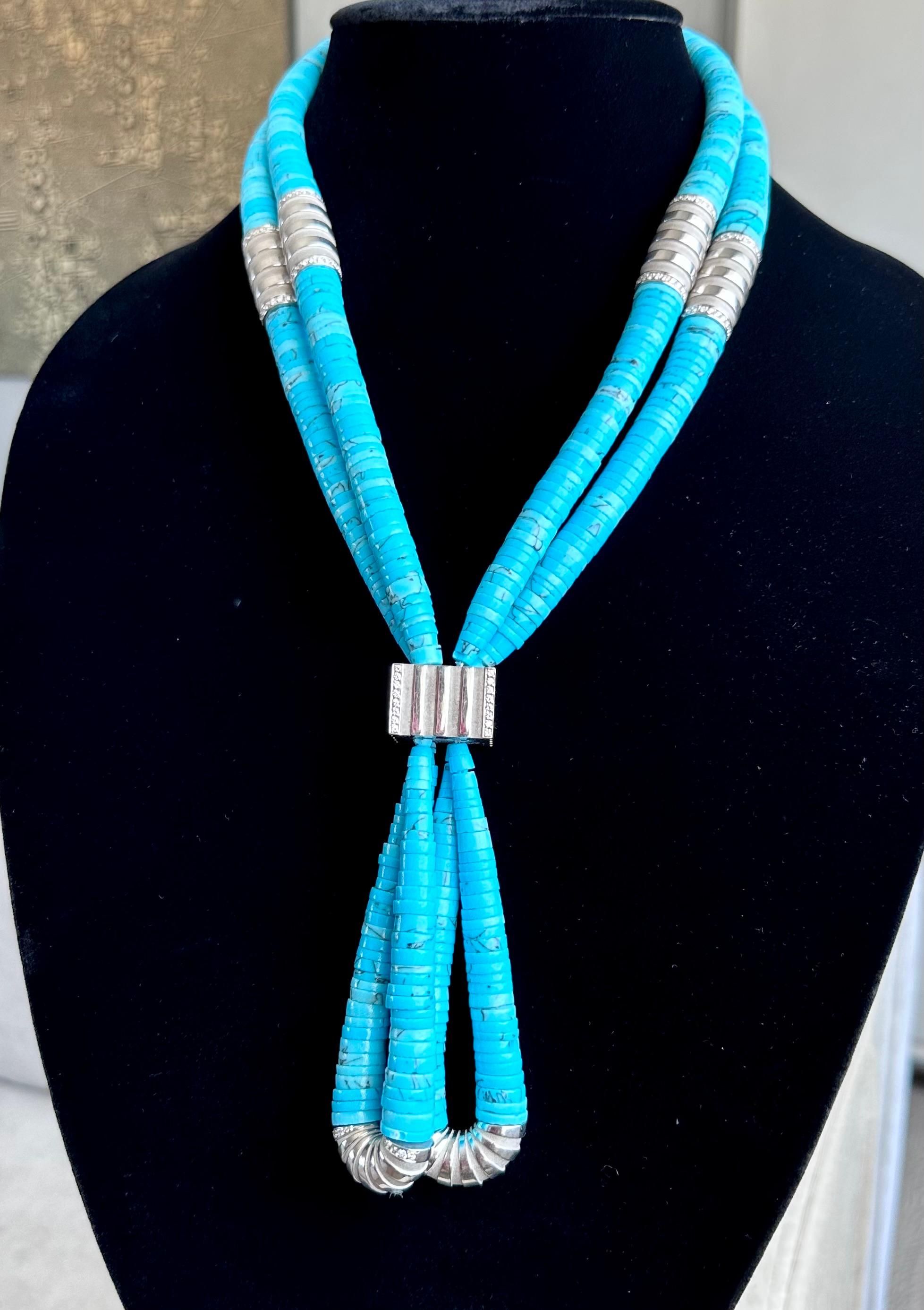 Mauboussin France Natural Turquoise and Diamond 18K Gold Long Necklace In Good Condition For Sale In Beverly Hills, CA