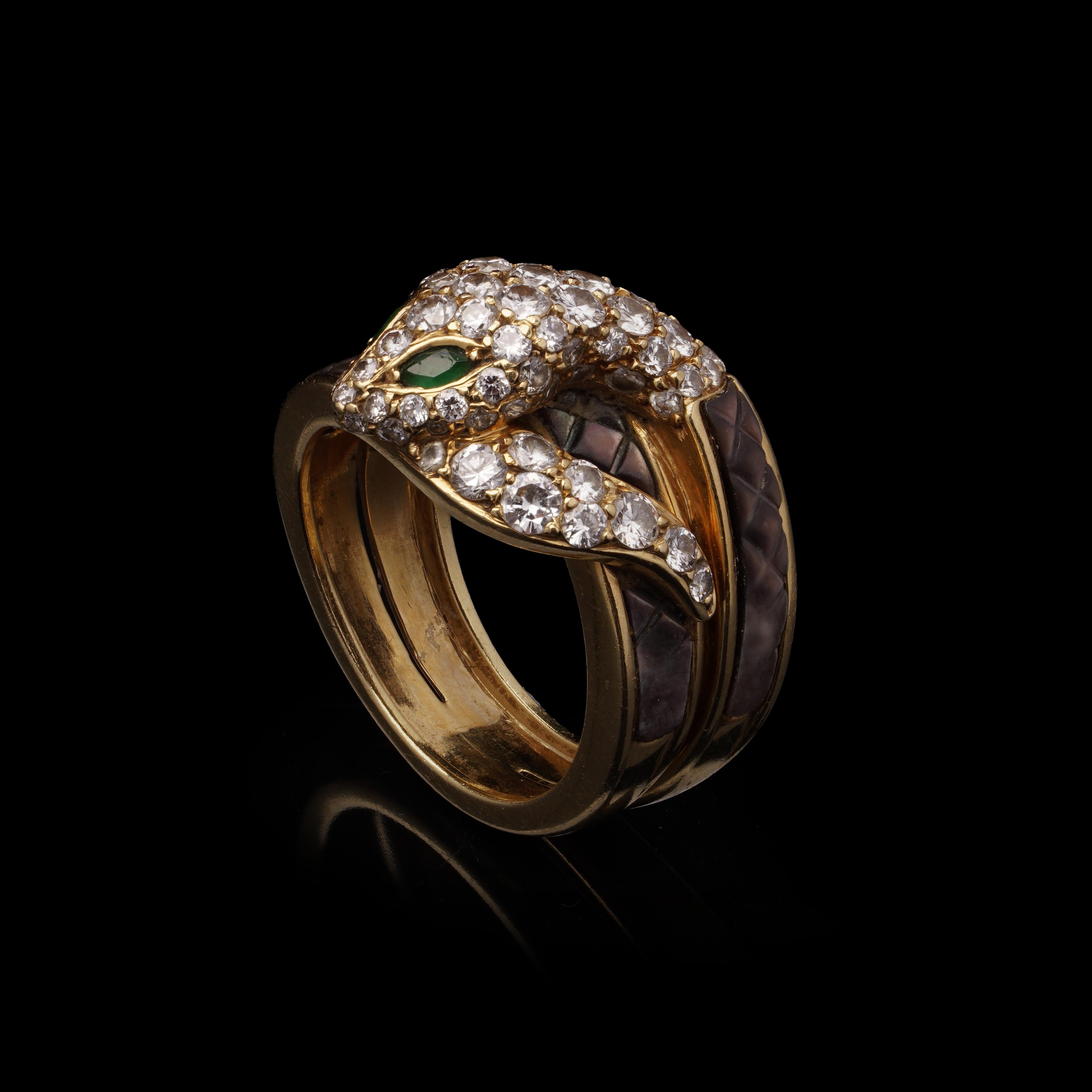 Women's or Men's Mauboussin French 18kt Gold Diamond Snake Ring with Emerald Eyes and Mother-of-P