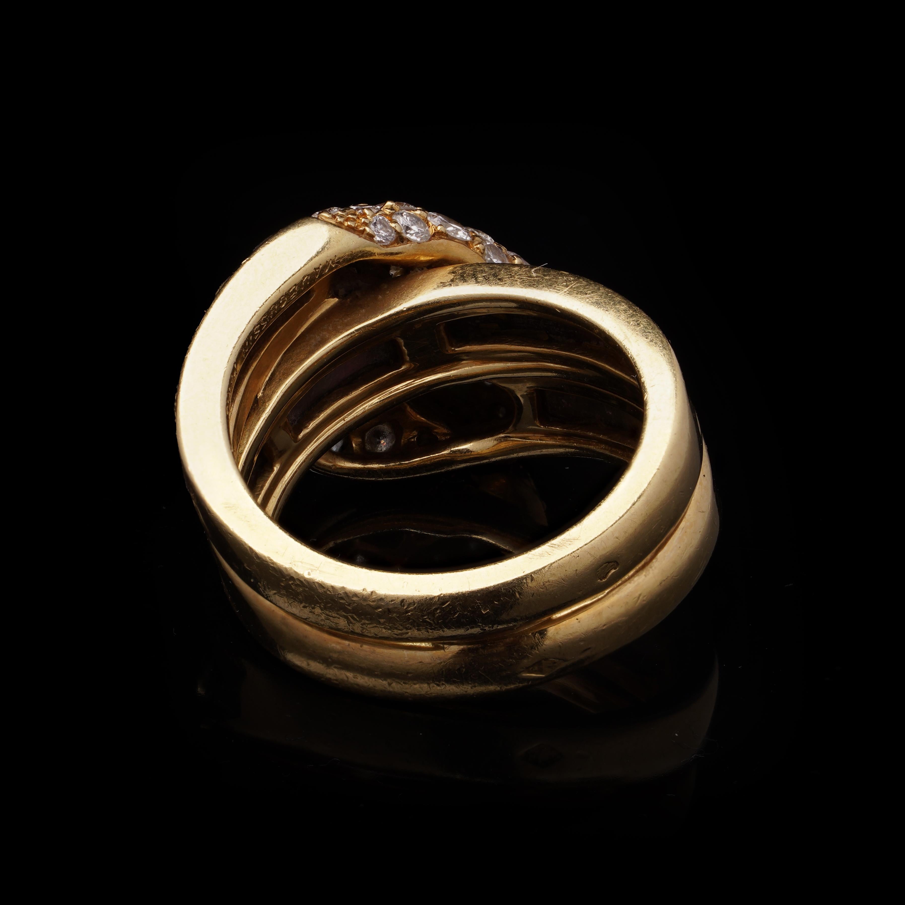 Mauboussin French 18kt Gold Diamond Snake Ring with Emerald Eyes and Mother-of-P 2