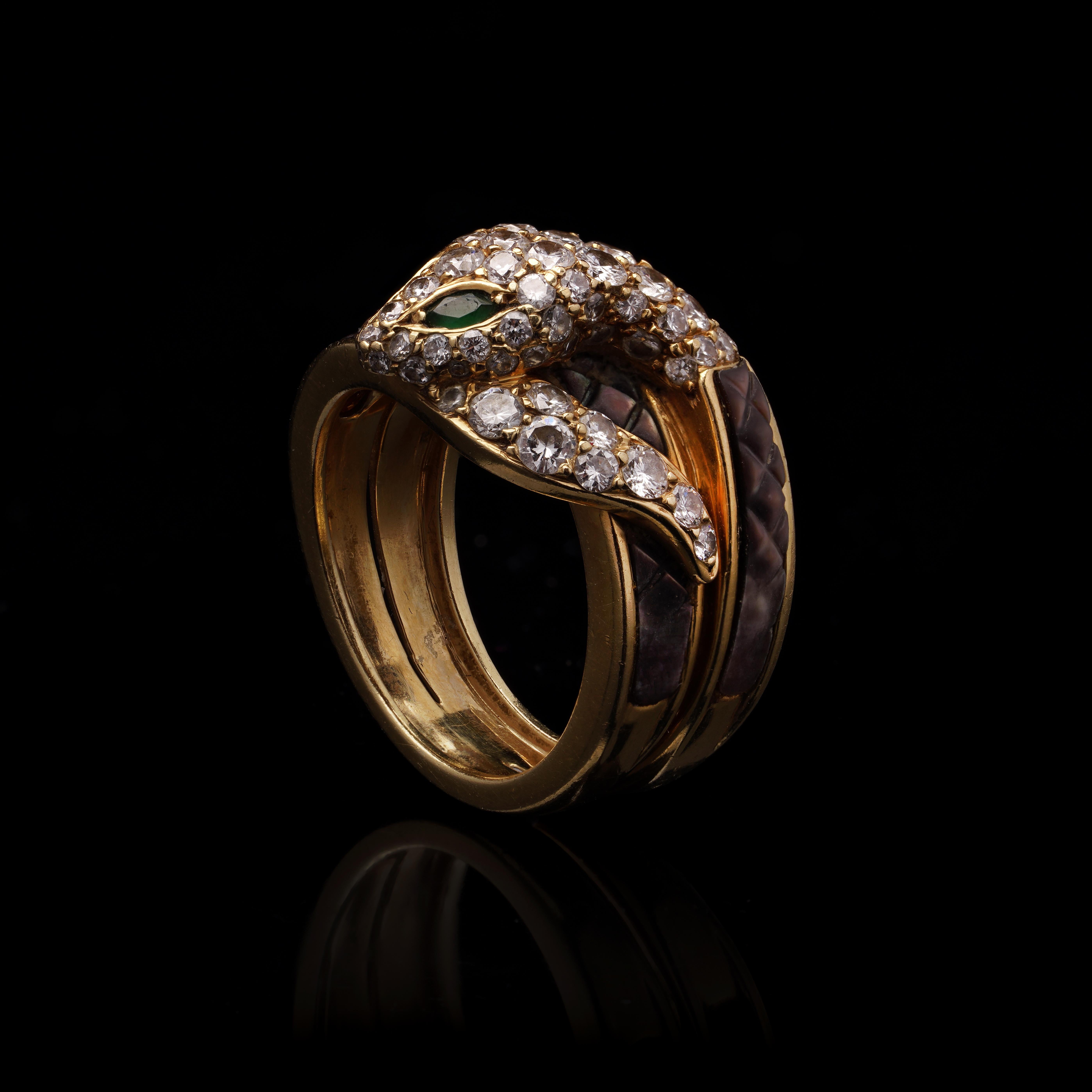 Mauboussin French 18kt Gold Diamond Snake Ring with Emerald Eyes and Mother-of-P 3