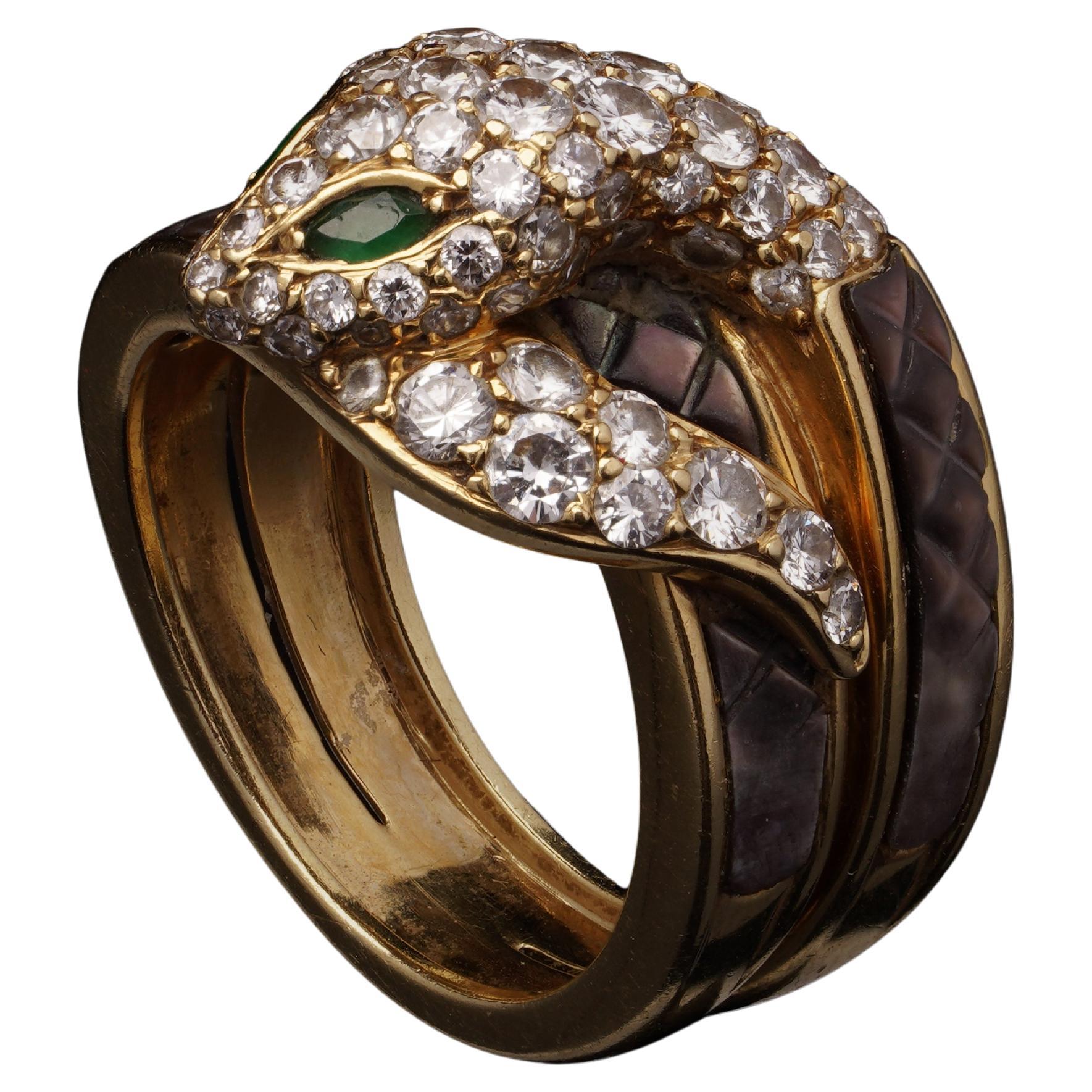 Mauboussin French 18kt Gold Diamond Snake Ring with Emerald Eyes and Mother-of-P