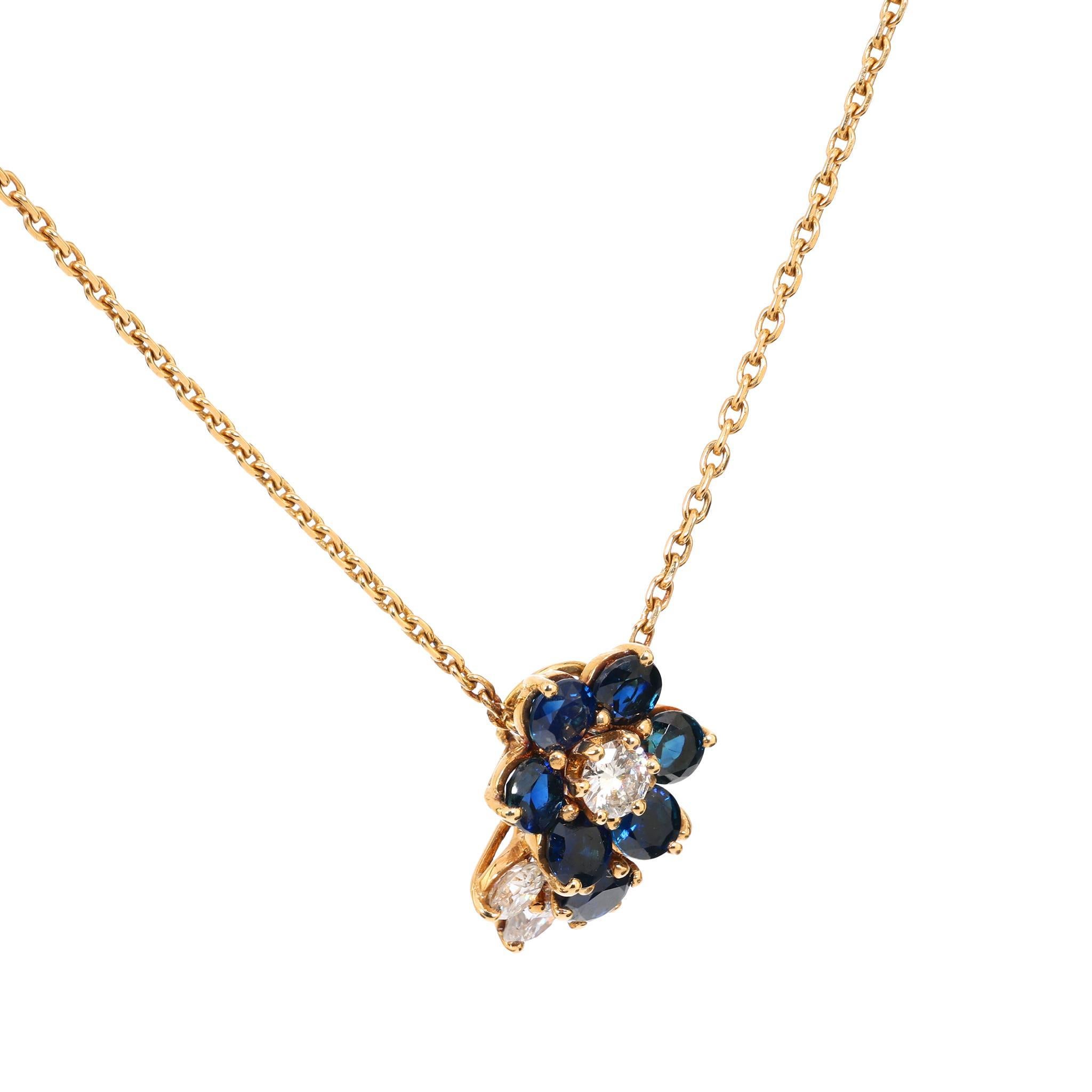 Modern Mauboussin French sapphire diamond 18k yellow gold flower necklace