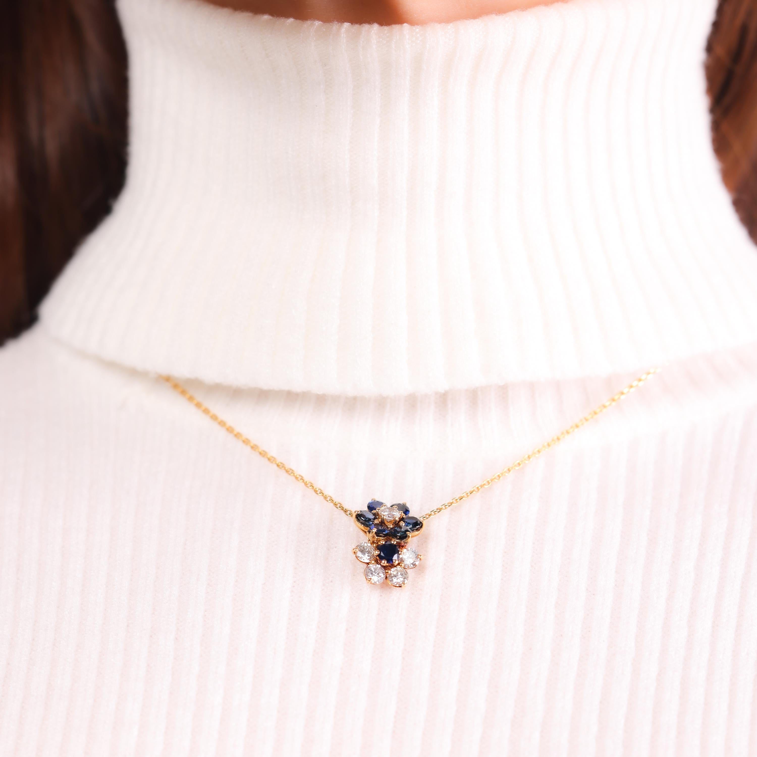 Brilliant Cut Mauboussin French sapphire diamond 18k yellow gold flower necklace