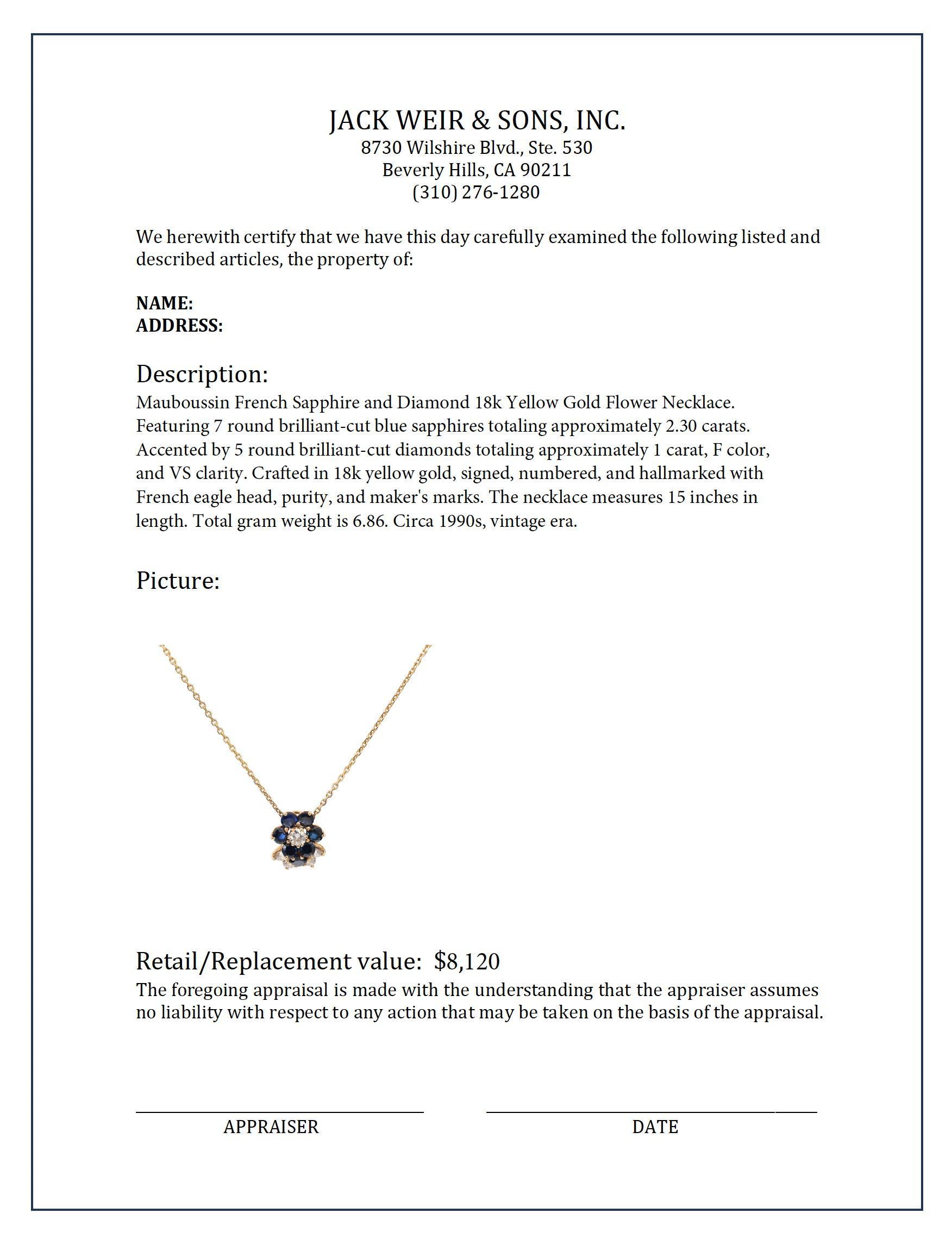 Mauboussin French sapphire diamond 18k yellow gold flower necklace In Excellent Condition In Beverly Hills, CA