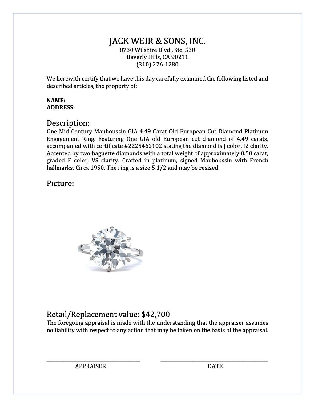 Mauboussin GIA 4.49 Carat Old European Cut Diamond Platinum Engagement Ring 5