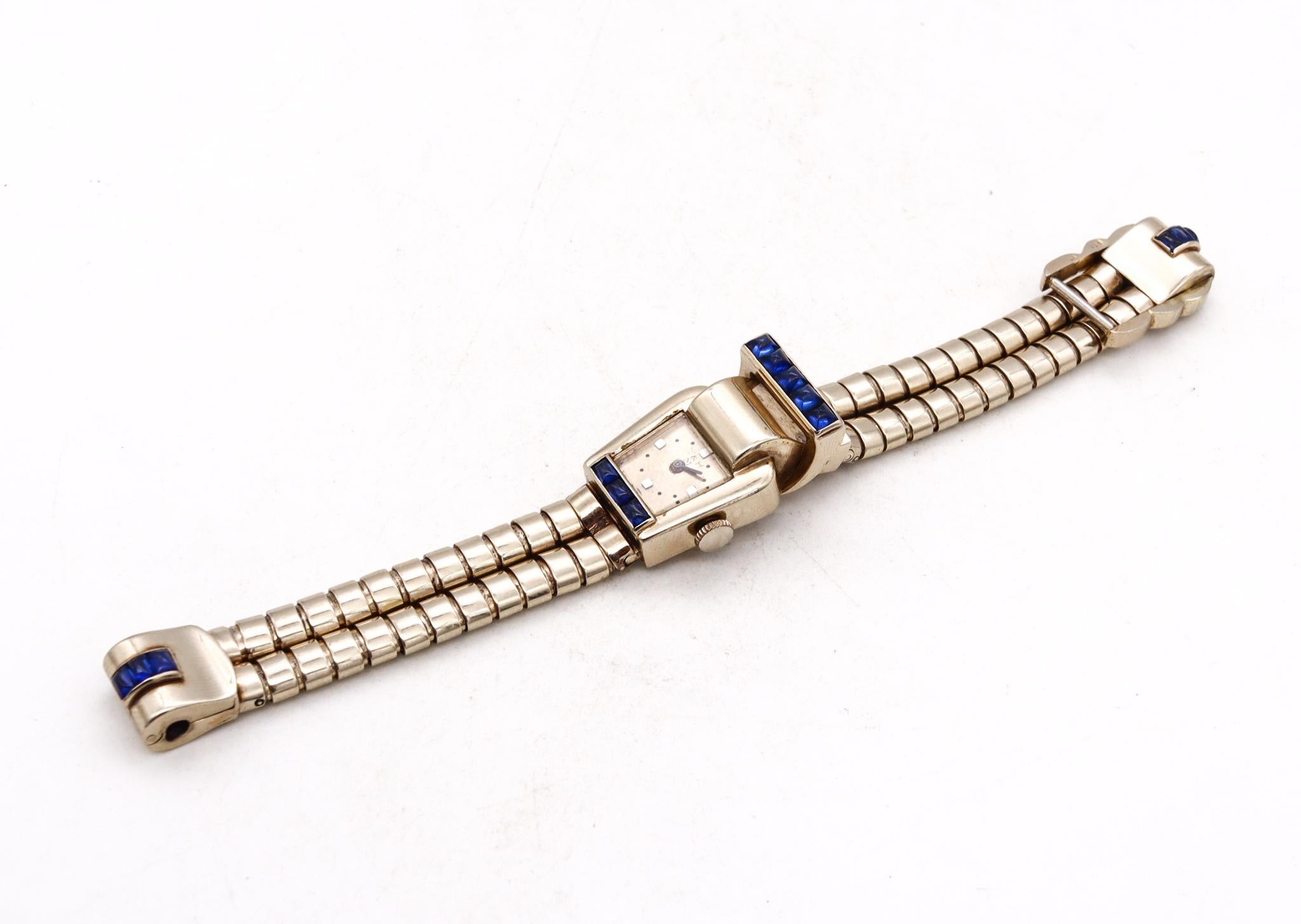 Mauboussin GIA Certified 1950 Retro Machine Age Watch 18Kt White Gold Sapphires In Excellent Condition For Sale In Miami, FL
