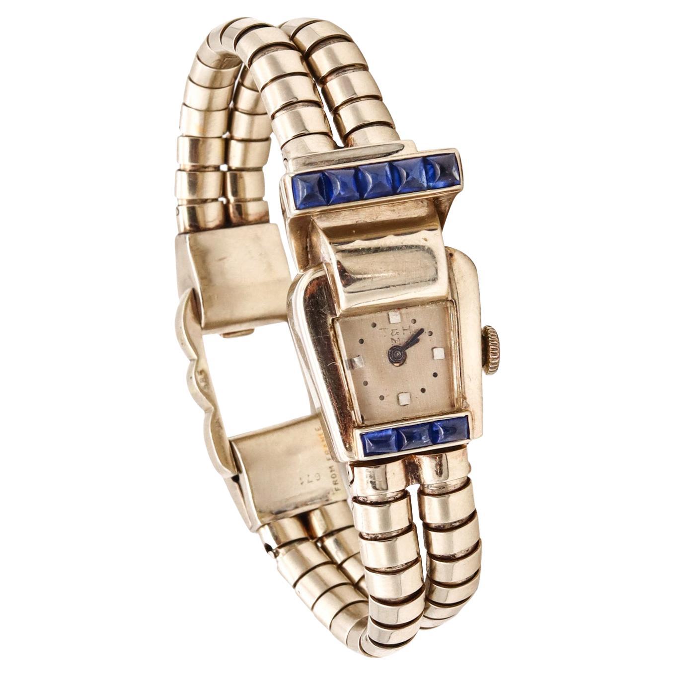 Mauboussin GIA Certified 1950 Retro Machine Age Watch 18Kt White Gold Sapphires For Sale