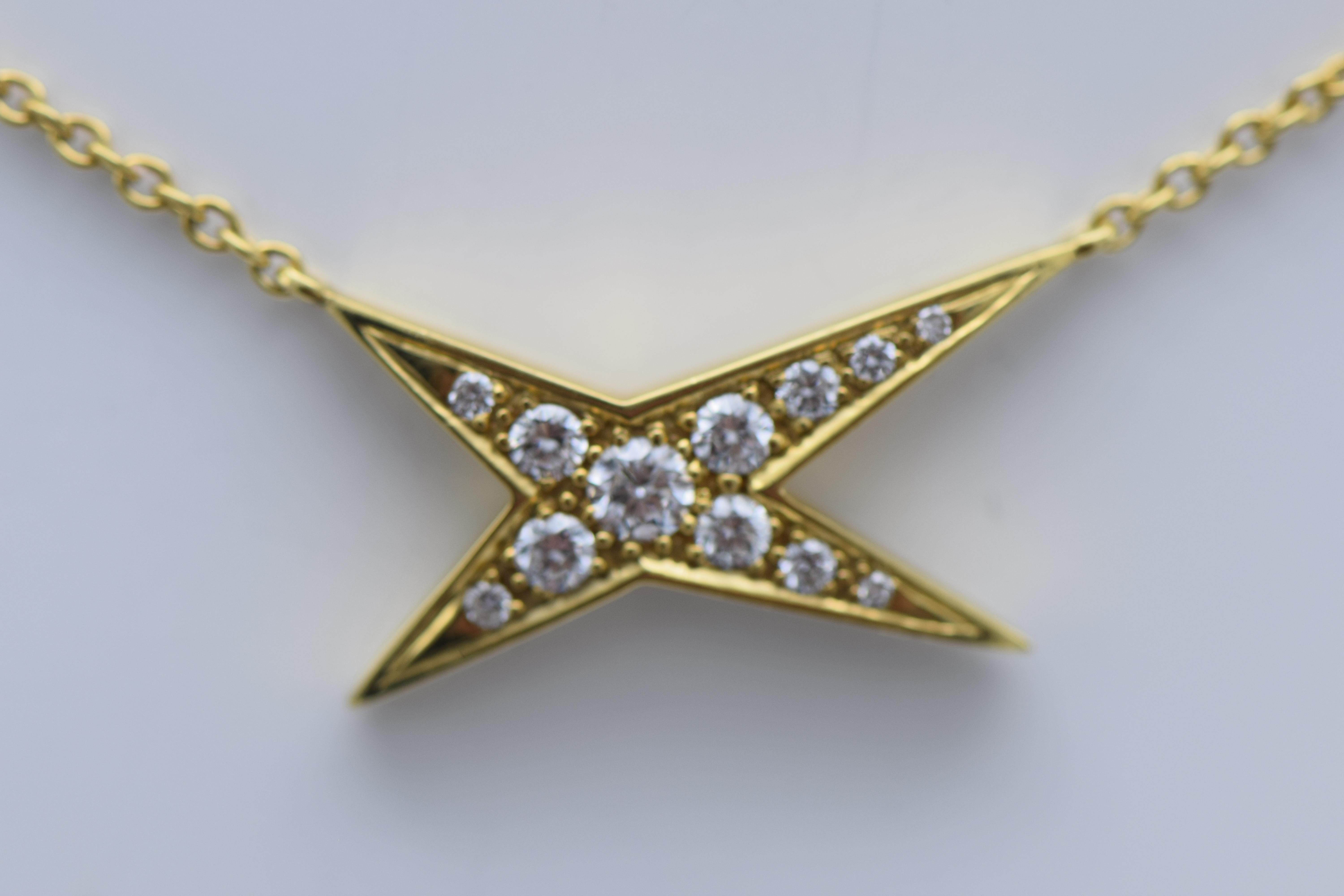18 karat yellow gold necklace featuring 18 round brilliant cut diamonds approximately 0.75-0.85 carats.  Measuring in overall length 15