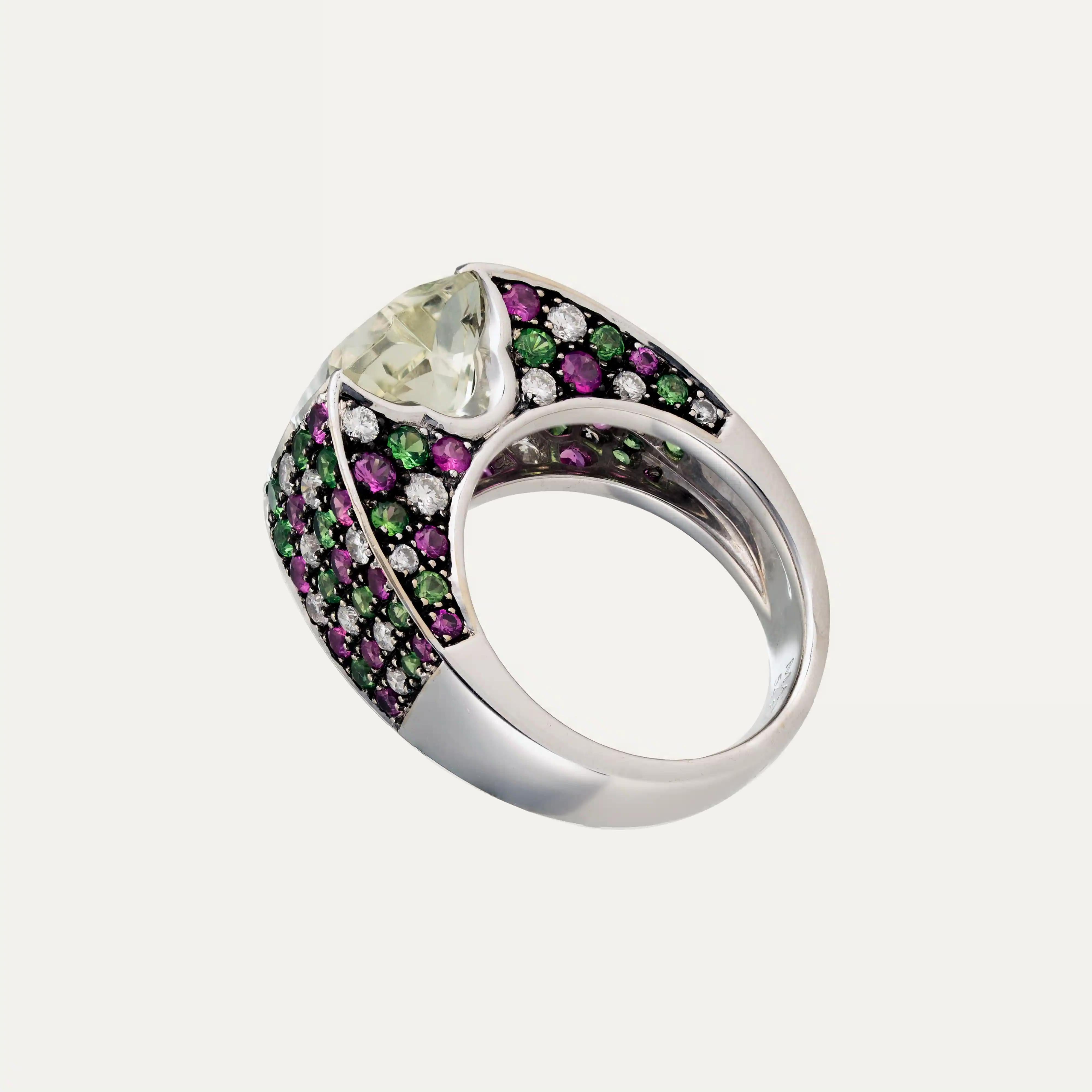 Brilliant Cut Mauboussin gold ring with aquamarine, rubies, emeralds and diamonds