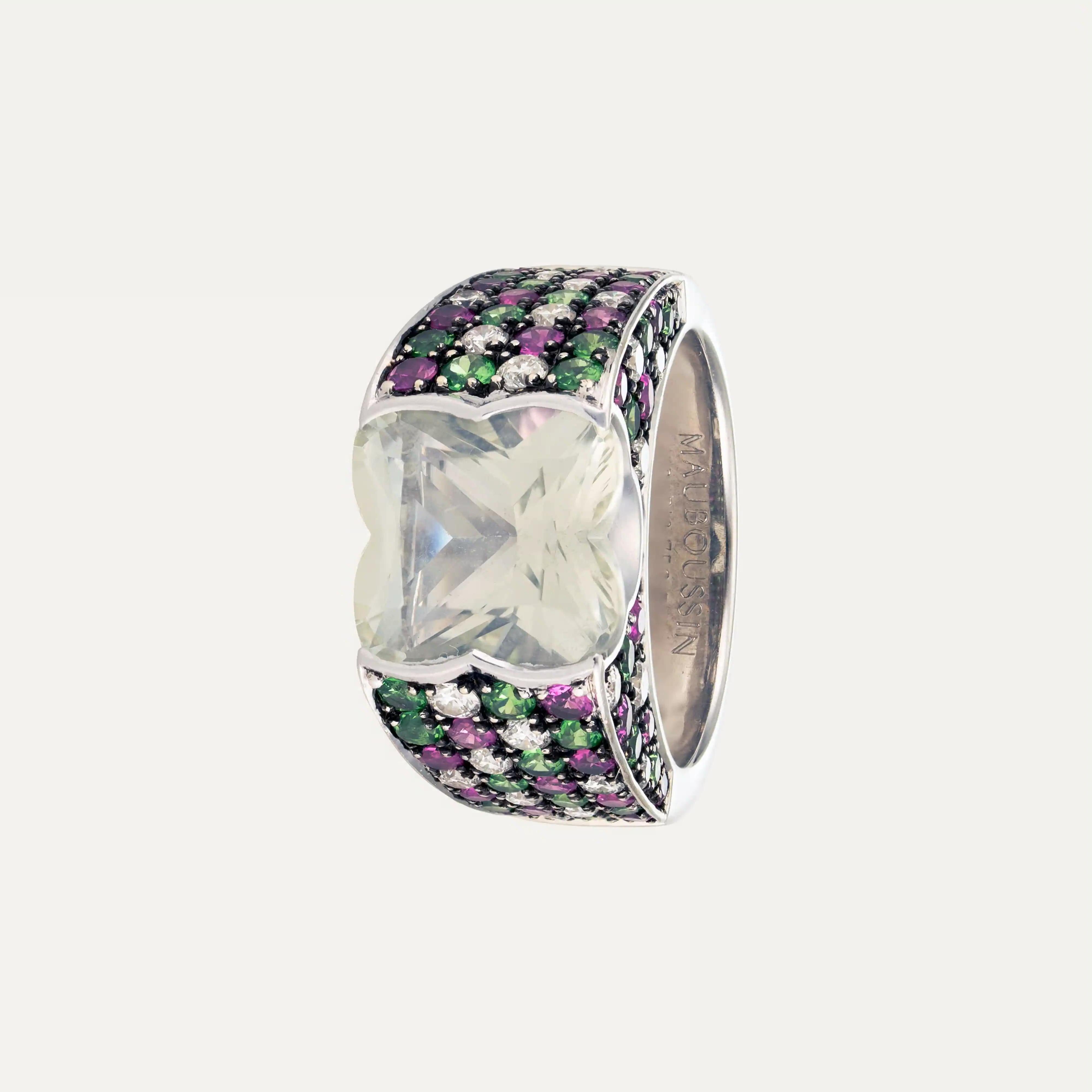 Mauboussin gold ring with aquamarine, rubies, emeralds and diamonds 1