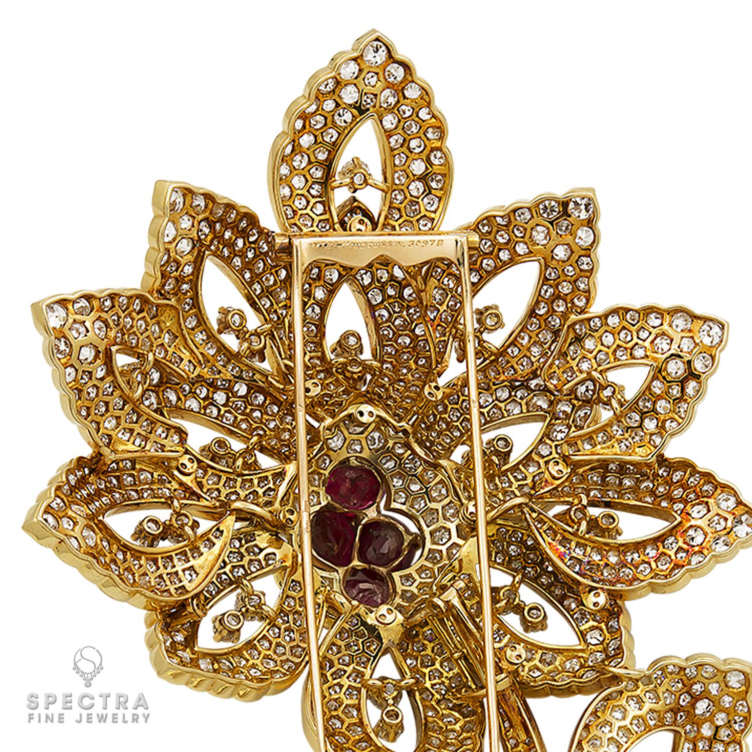 Contemporary Mauboussin GRS Certified Burma Ruby Diamond Flower Brooch For Sale