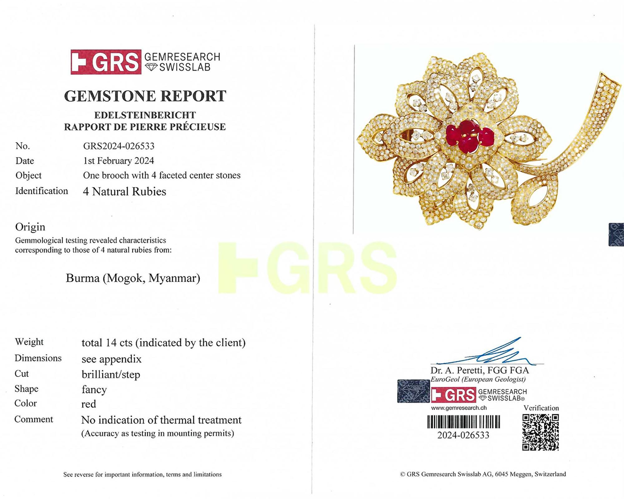 Mixed Cut Mauboussin GRS Certified Burma Ruby Diamond Flower Brooch For Sale