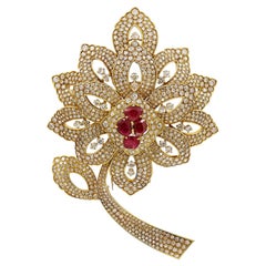 Vintage Mauboussin GRS Certified Burma Ruby Diamond Flower Brooch
