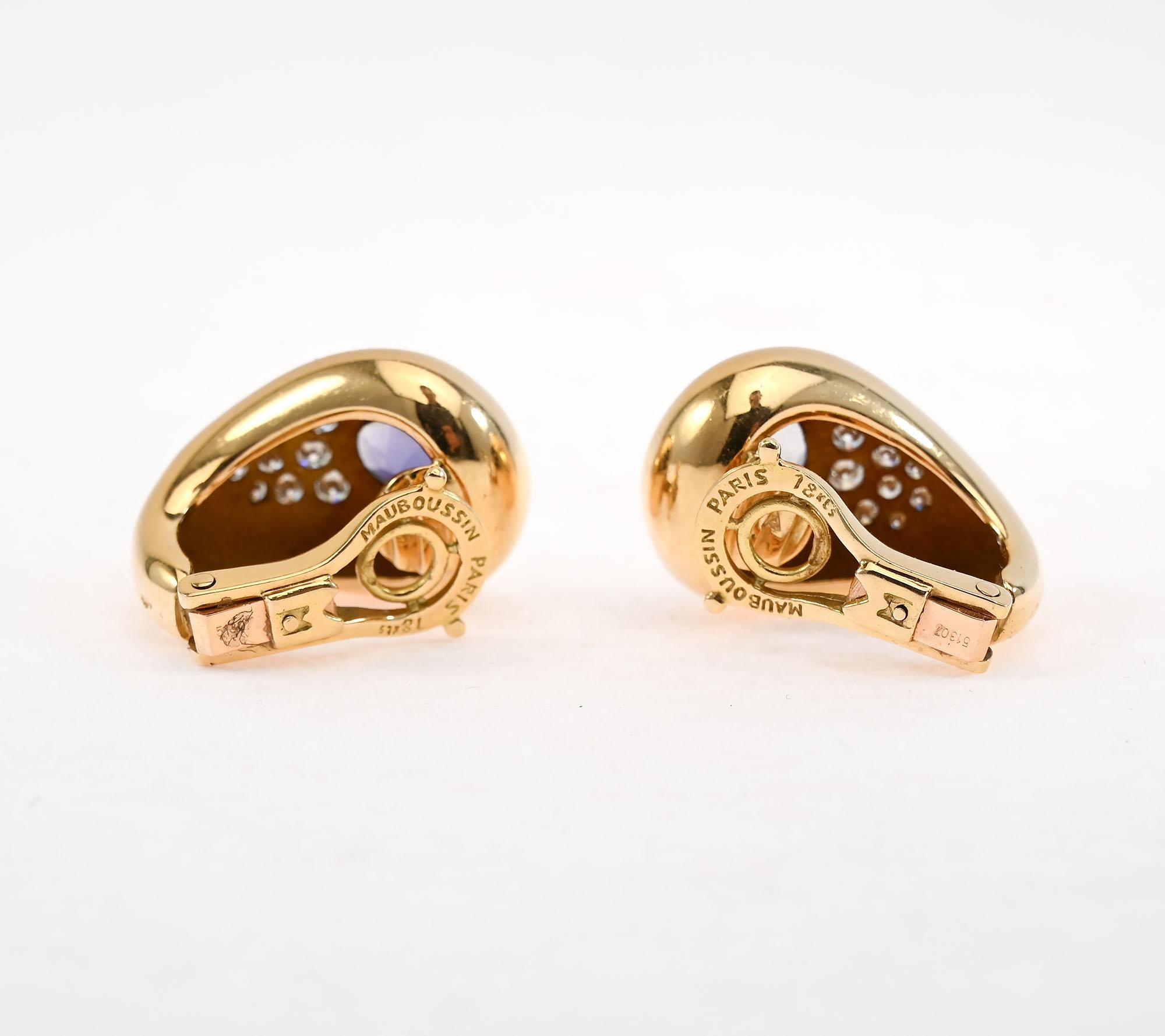 Cabochon Mauboussin Iolite and Diamond Gold Earrings For Sale
