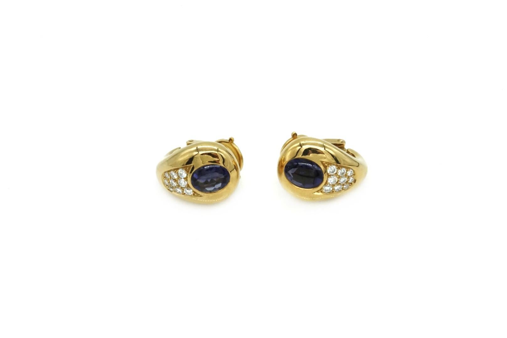 Brilliant Cut Mauboussin Iolite Yellow Gold and Diamond Earclips For Sale