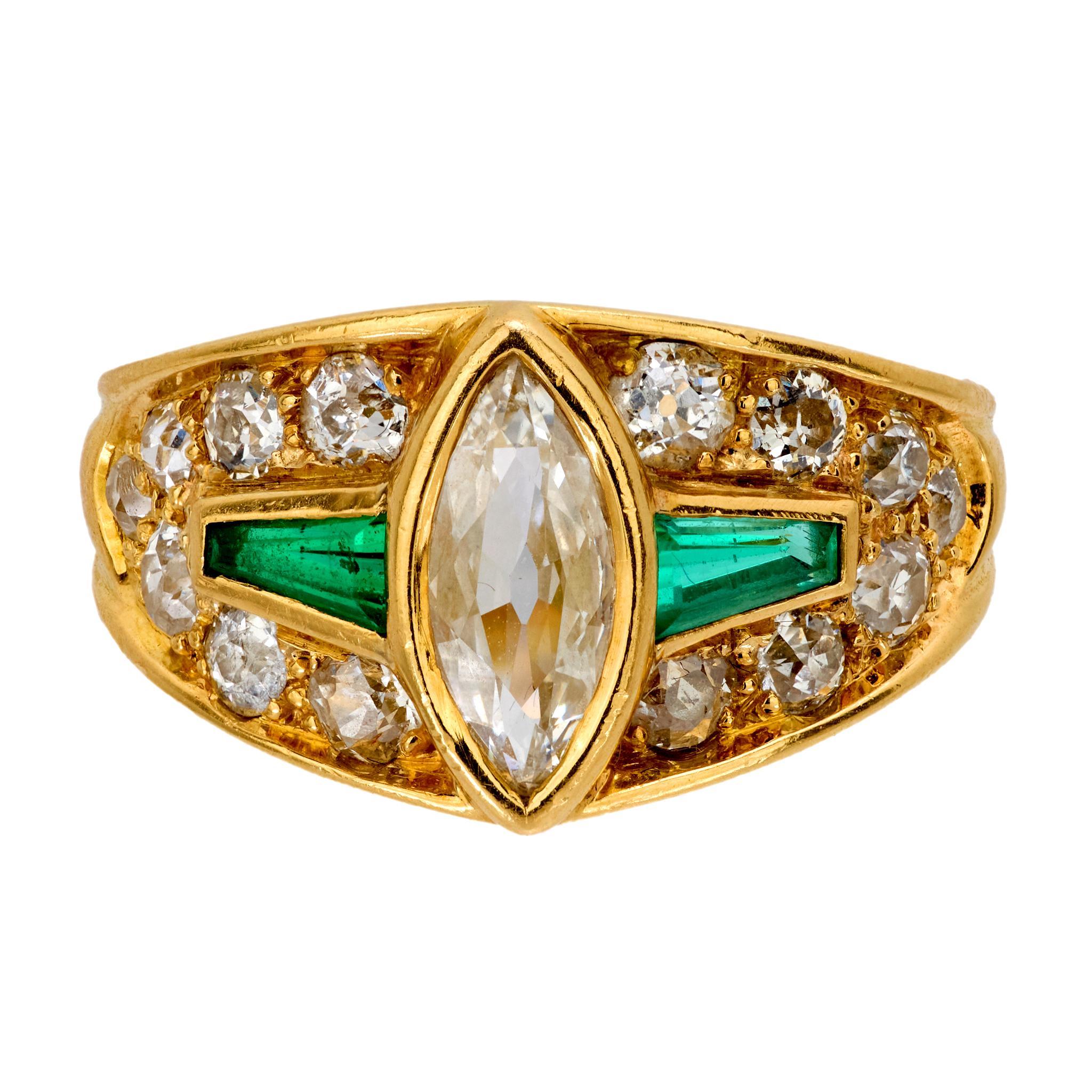 Modern Mauboussin marquise diamond emerald 18k yellow gold bezel ring