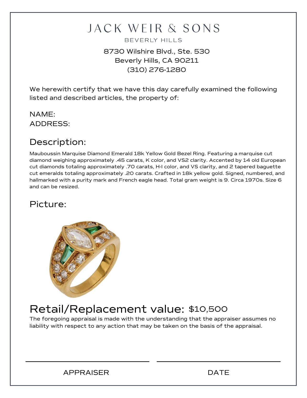 Mauboussin marquise diamond emerald 18k yellow gold bezel ring In Good Condition In Beverly Hills, CA