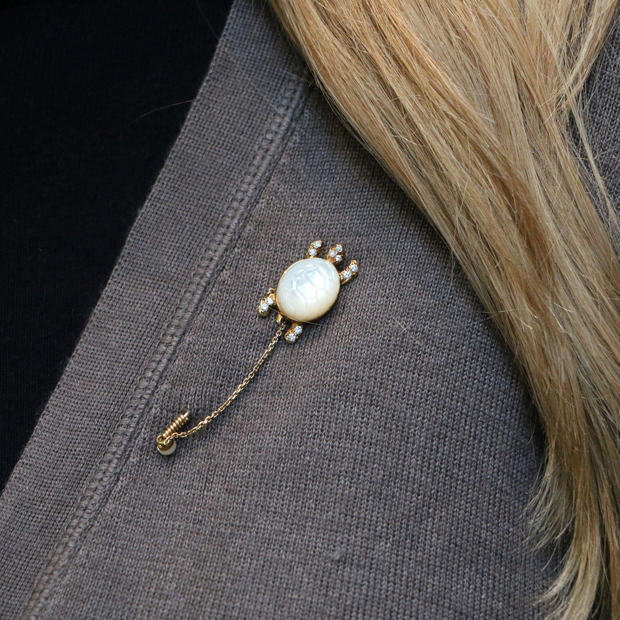 Round Cut Mauboussin Moonstone and Diamond Turtle Stick Pin / Brooch Set in 18 Karat Gold For Sale