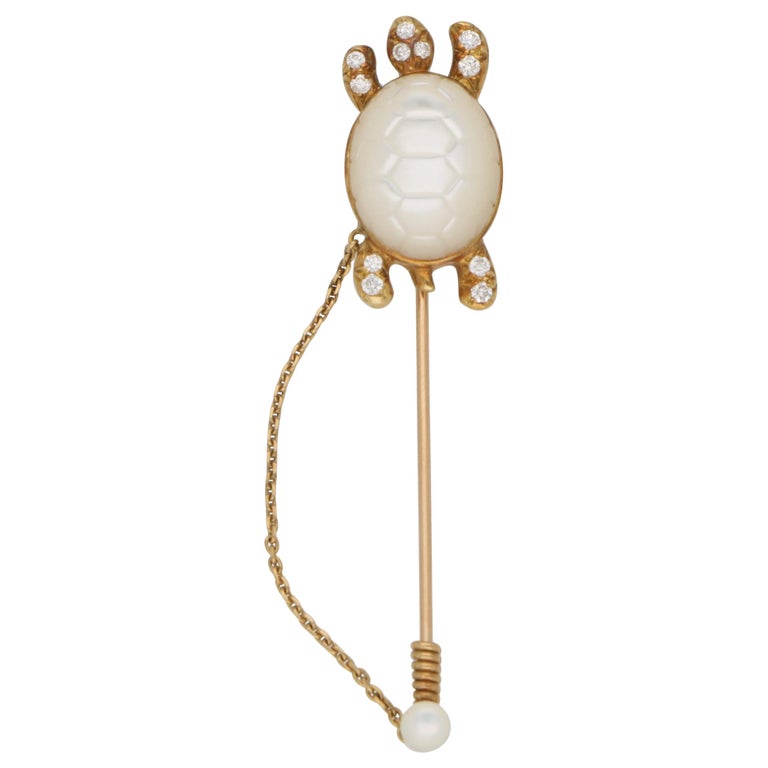 Mauboussin Moonstone and Diamond Turtle Stick Pin / Brooch Set in 18 Karat Gold For Sale